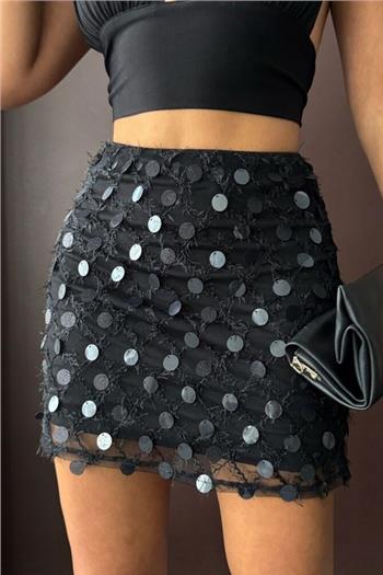 Pul Detaylı Siyah Mini Etek