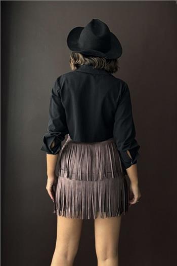 Püsküllü Scuba Süet Kahve Etek