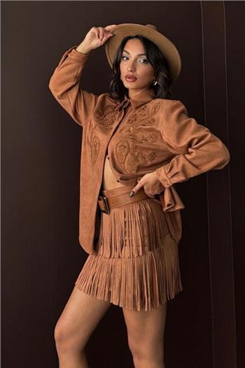 Püsküllü Scuba Süet Taba Etek