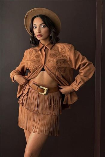 Püsküllü Scuba Süet Taba Etek