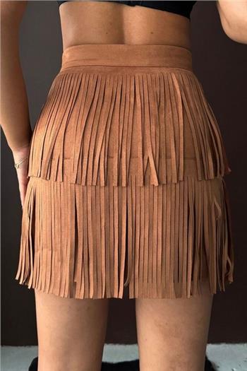 Püsküllü Scuba Süet Taba Etek