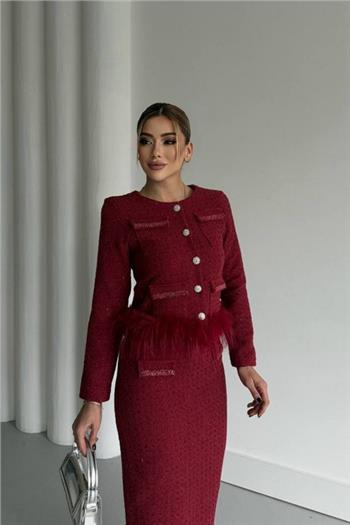 Tüy Detaylı Kırmızı İkili Etek Ceket Takım