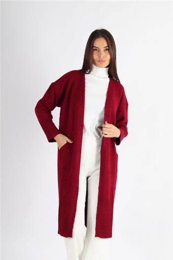Uzun Kollu Midi Boy Cepli Triko Bordo Hırka