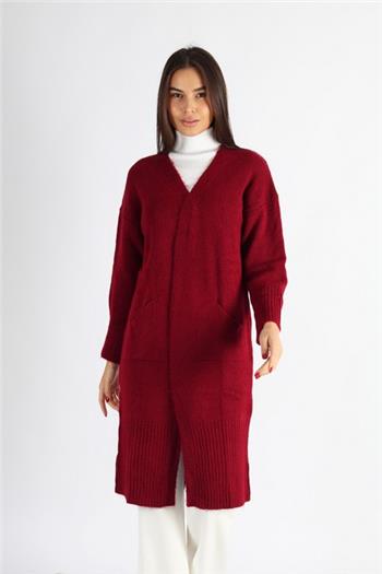 Uzun Kollu Midi Boy Cepli Triko Bordo Hırka
