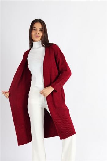 Uzun Kollu Midi Boy Cepli Triko Bordo Hırka