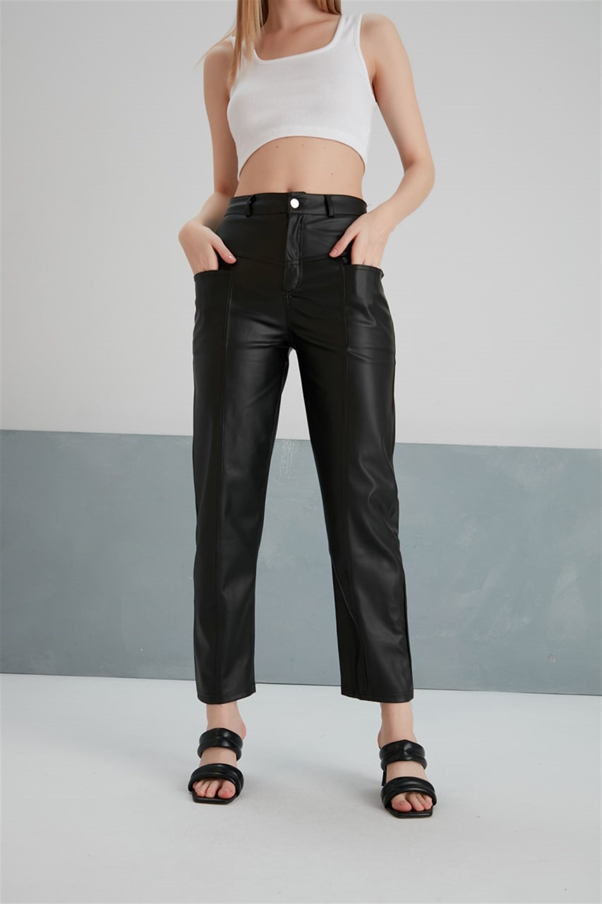 MDZ COLLECTION Kadın Yüksek Bel İçi Kürklü Zara Cepli Siyah Deri Pantolon -  Mdz Collection