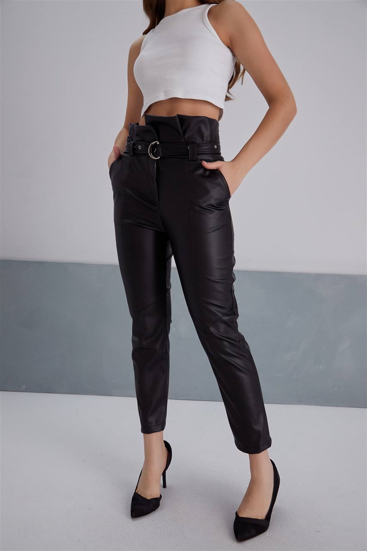 MDZ COLLECTION Kadın Yüksek Bel İçi Kürklü Zara Kemerli Siyah Deri Pantolon  - Mdz Collection