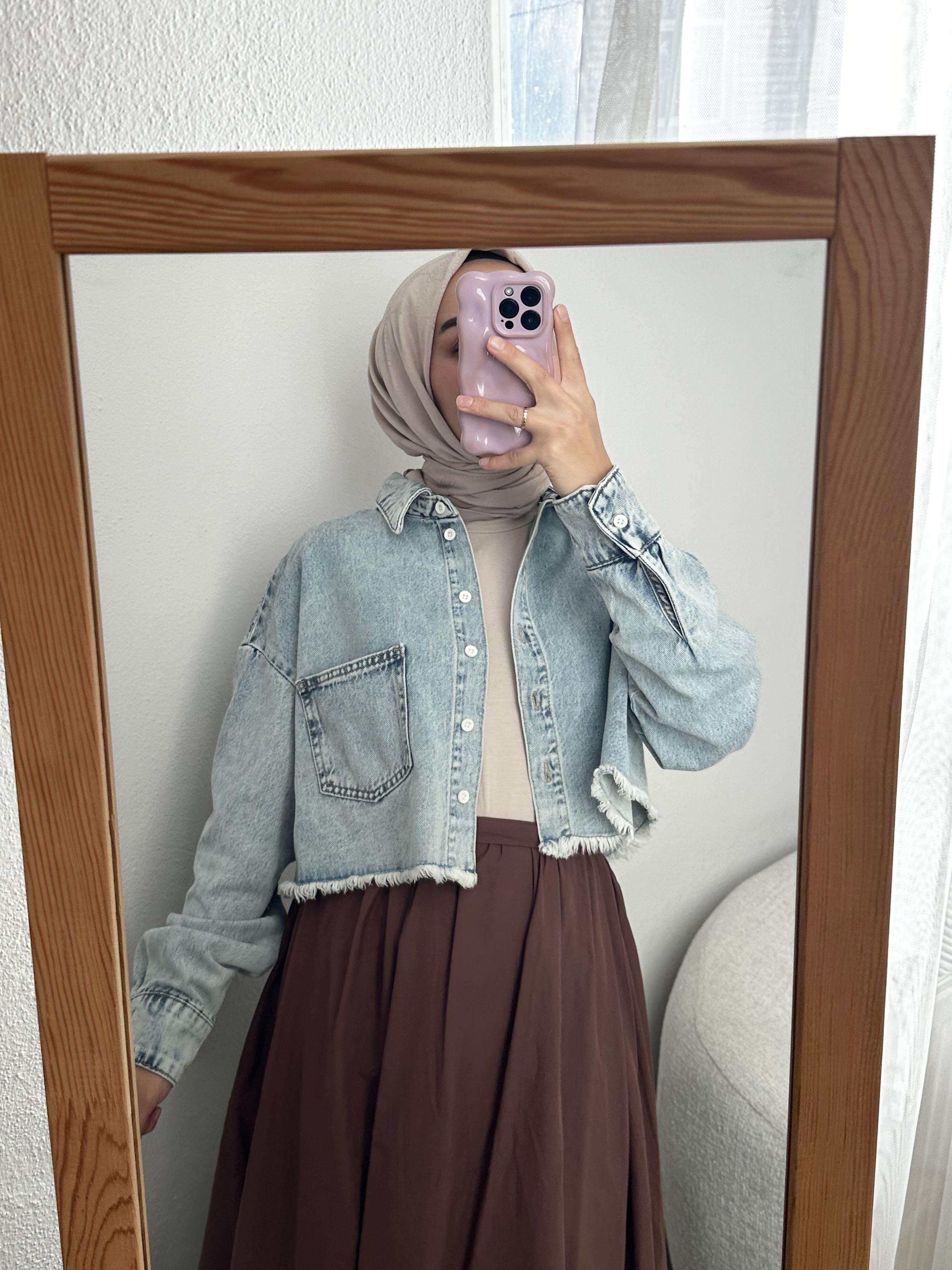 Açık Mavi Crop Denim Ceket