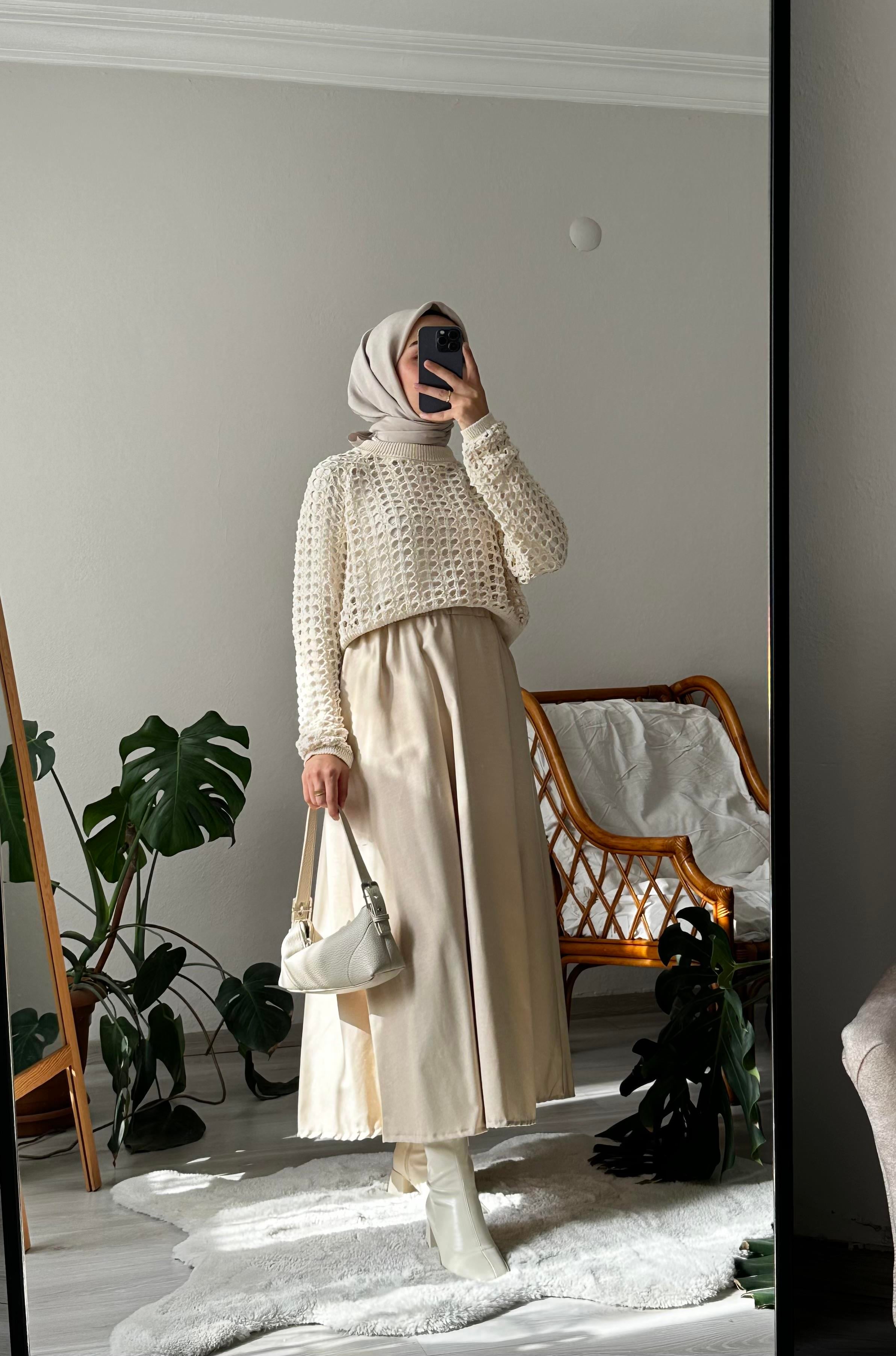 Bej Cepli Keten Kloş Etek