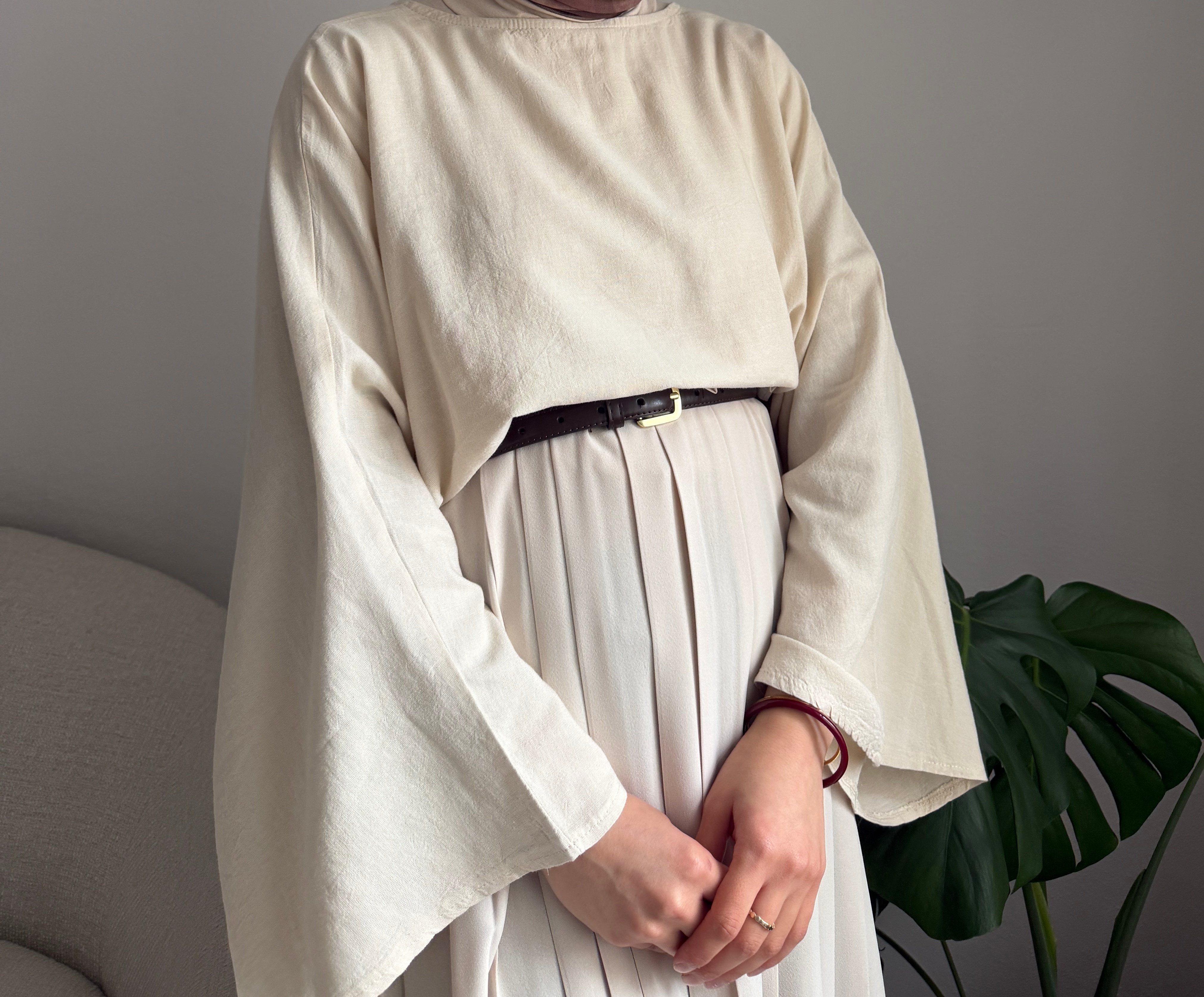 Bej Keten Geniş Kol Bluz