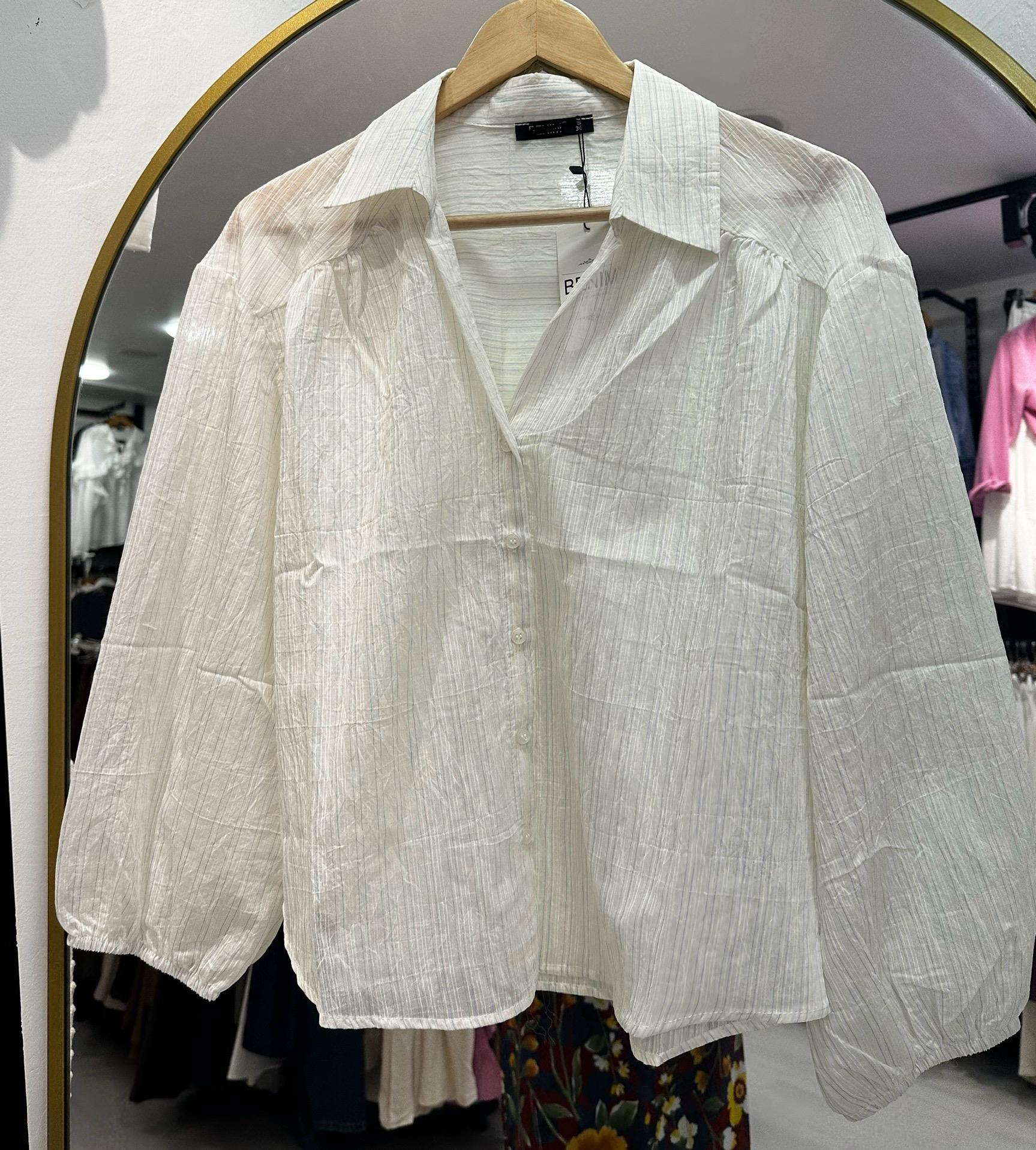 Bej Mavi Kendinden Çizgili Balon Gömlek