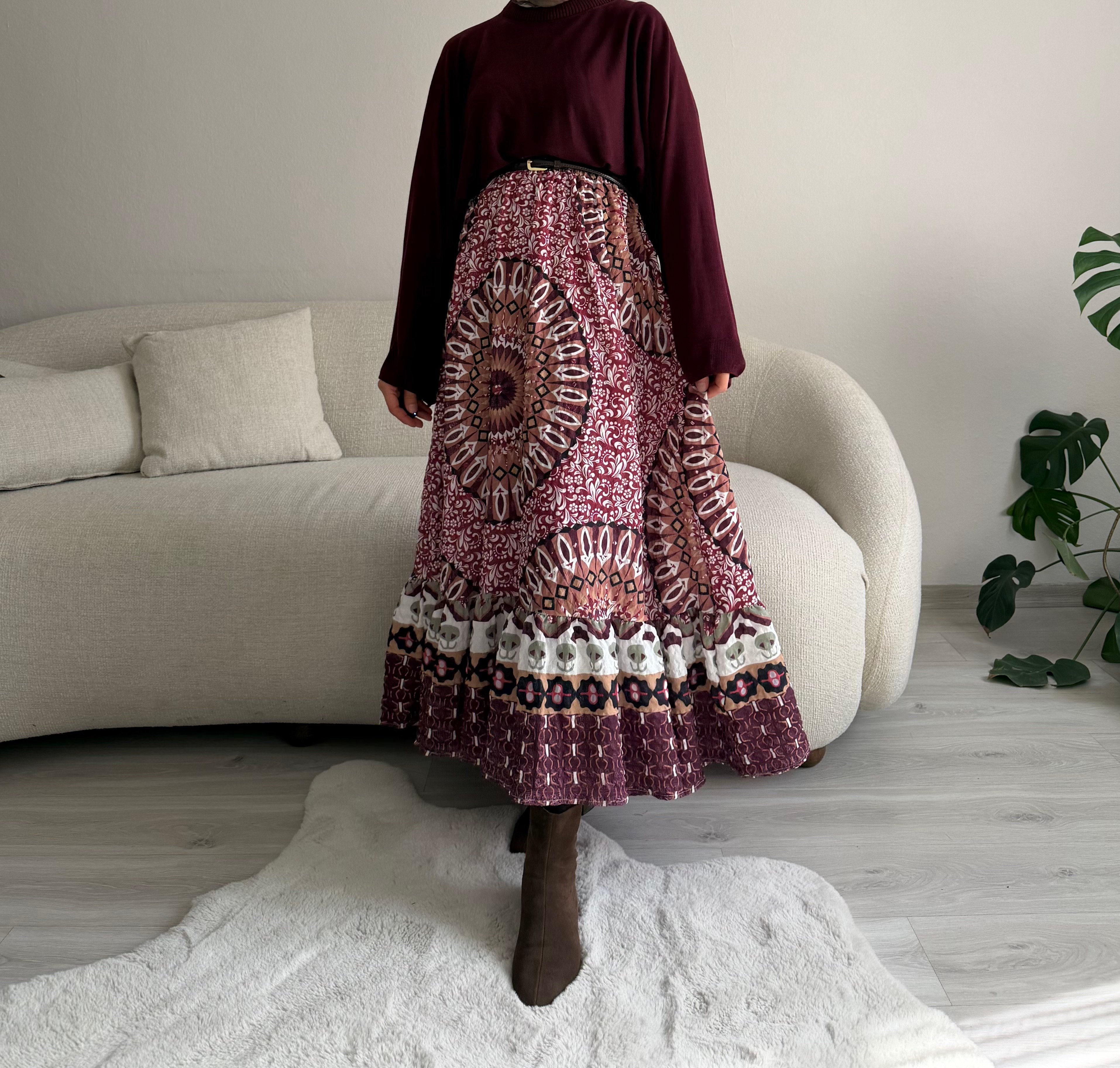 Bordo Etnik Desenli Kloş Etek