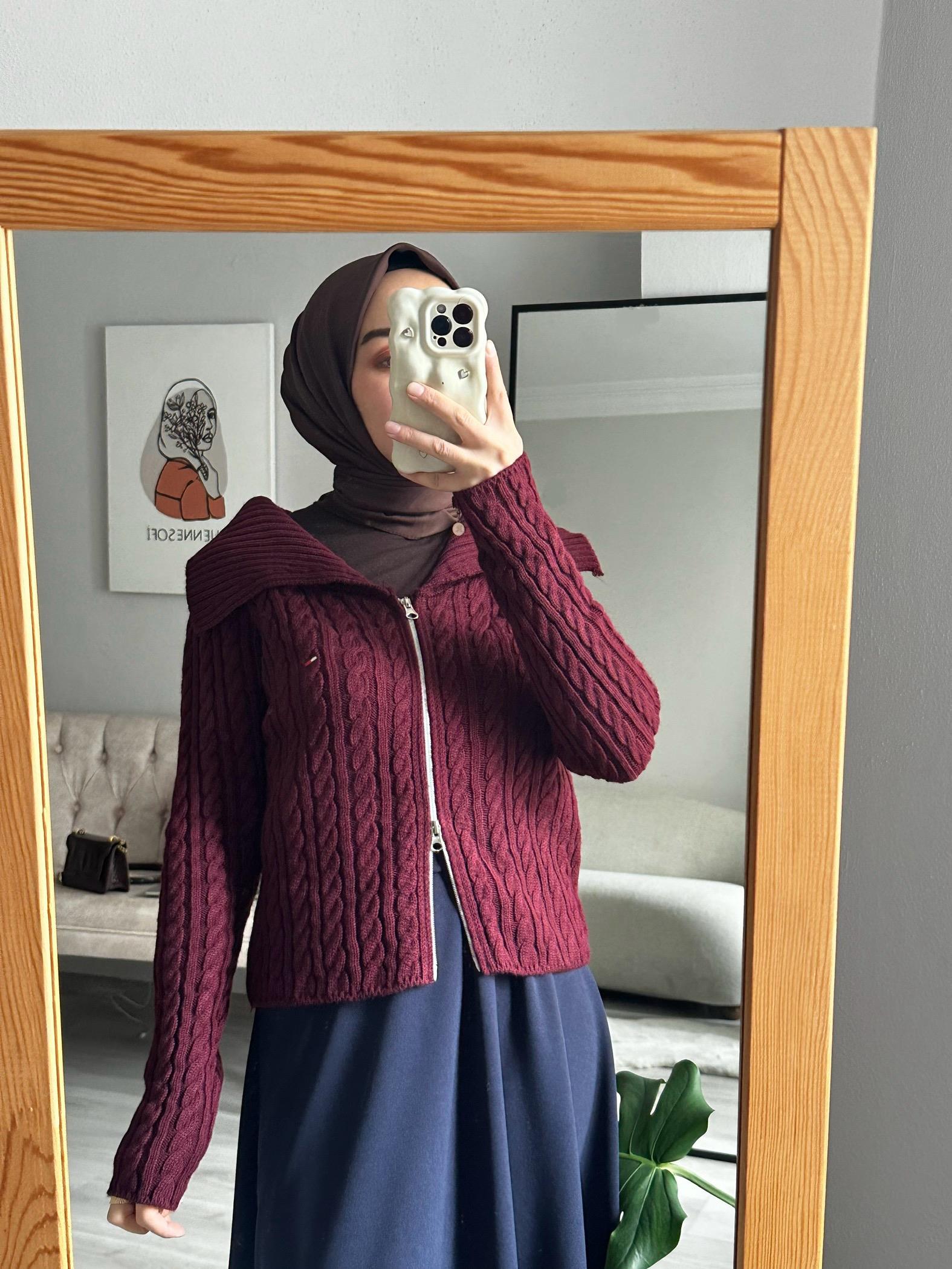 Bordo Fermuarlı Örgü Crop Kazak