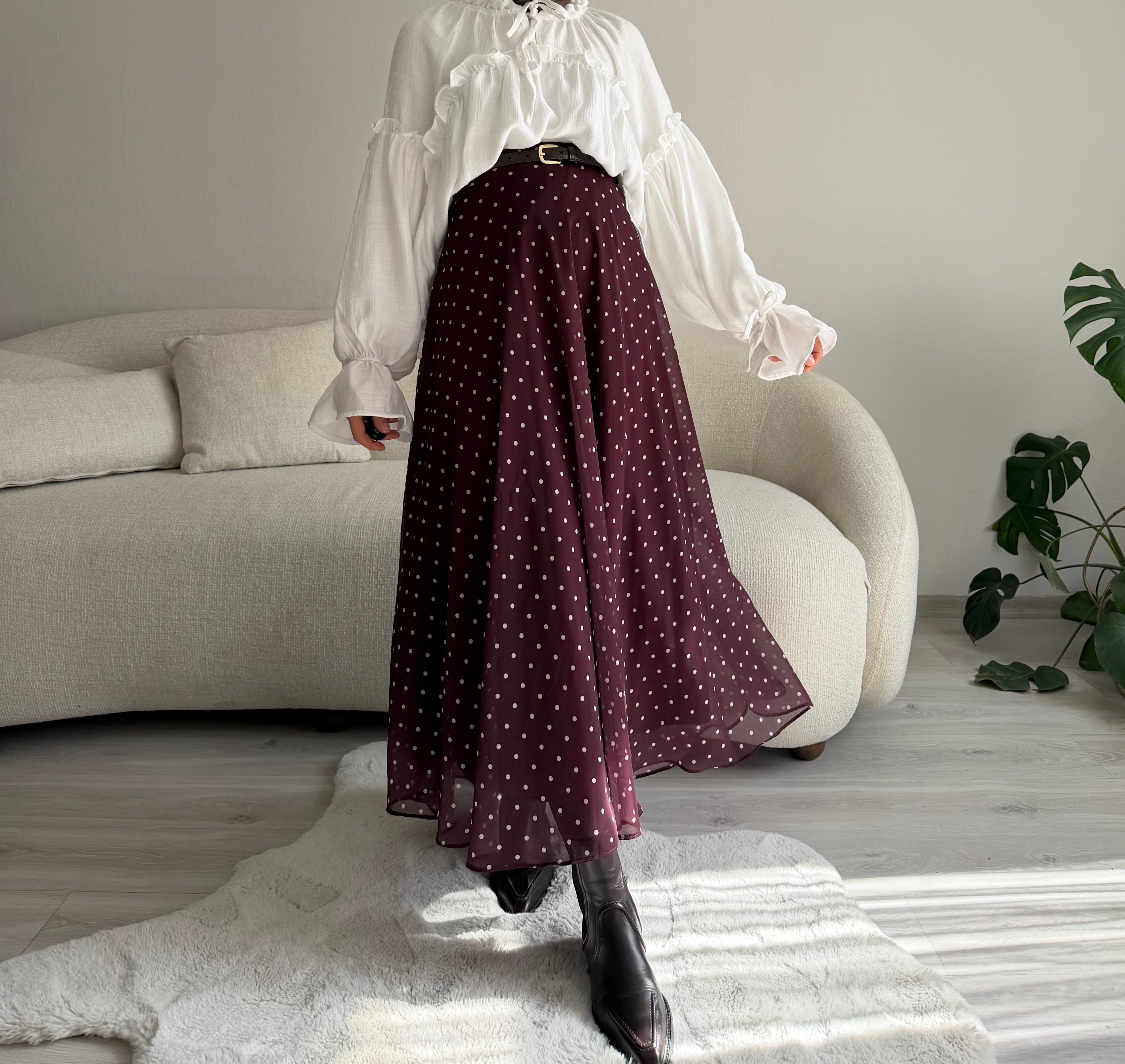 Bordo Puantiyeli Şifon Etek