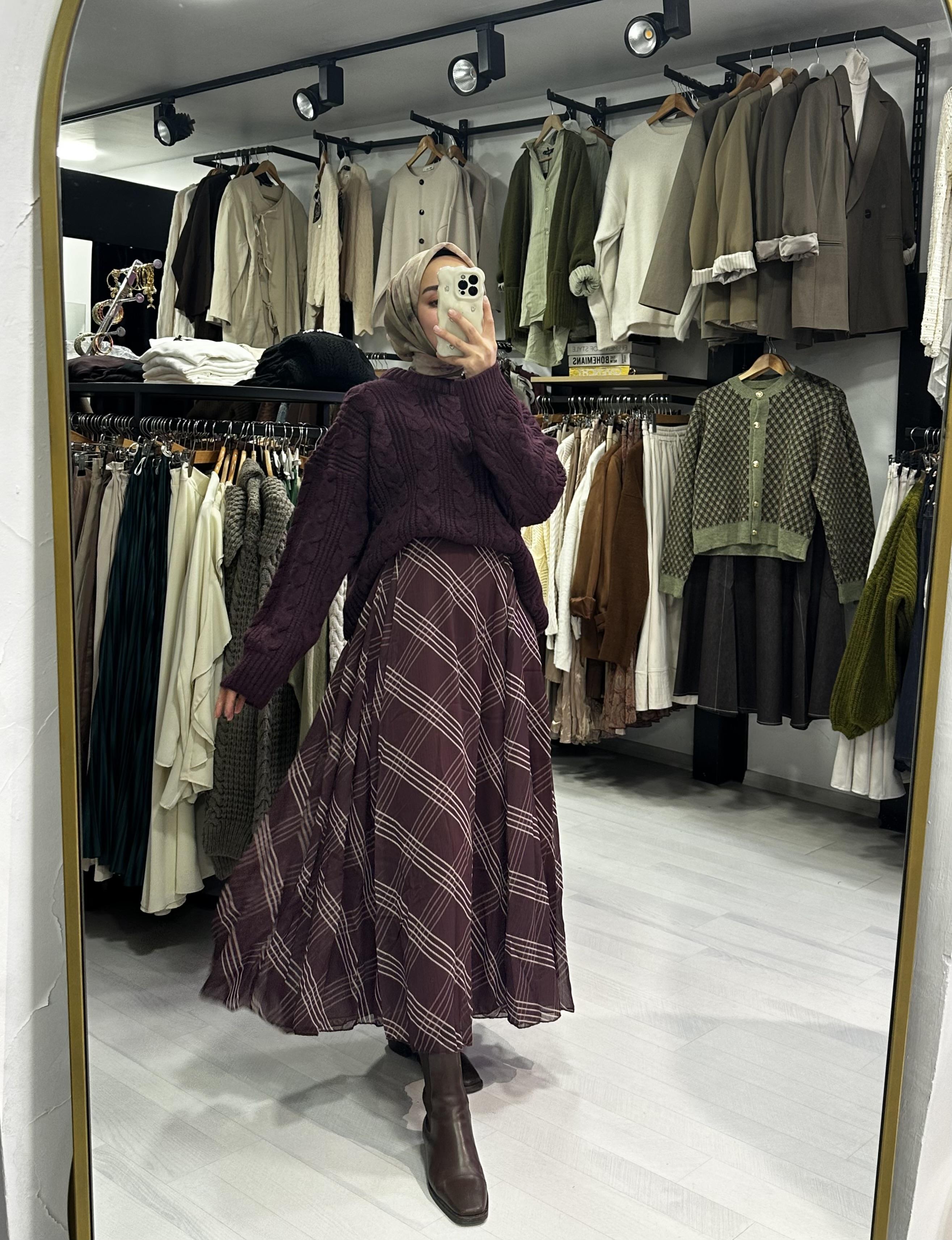 Burgundy Ekose Desenli Şifon Etek