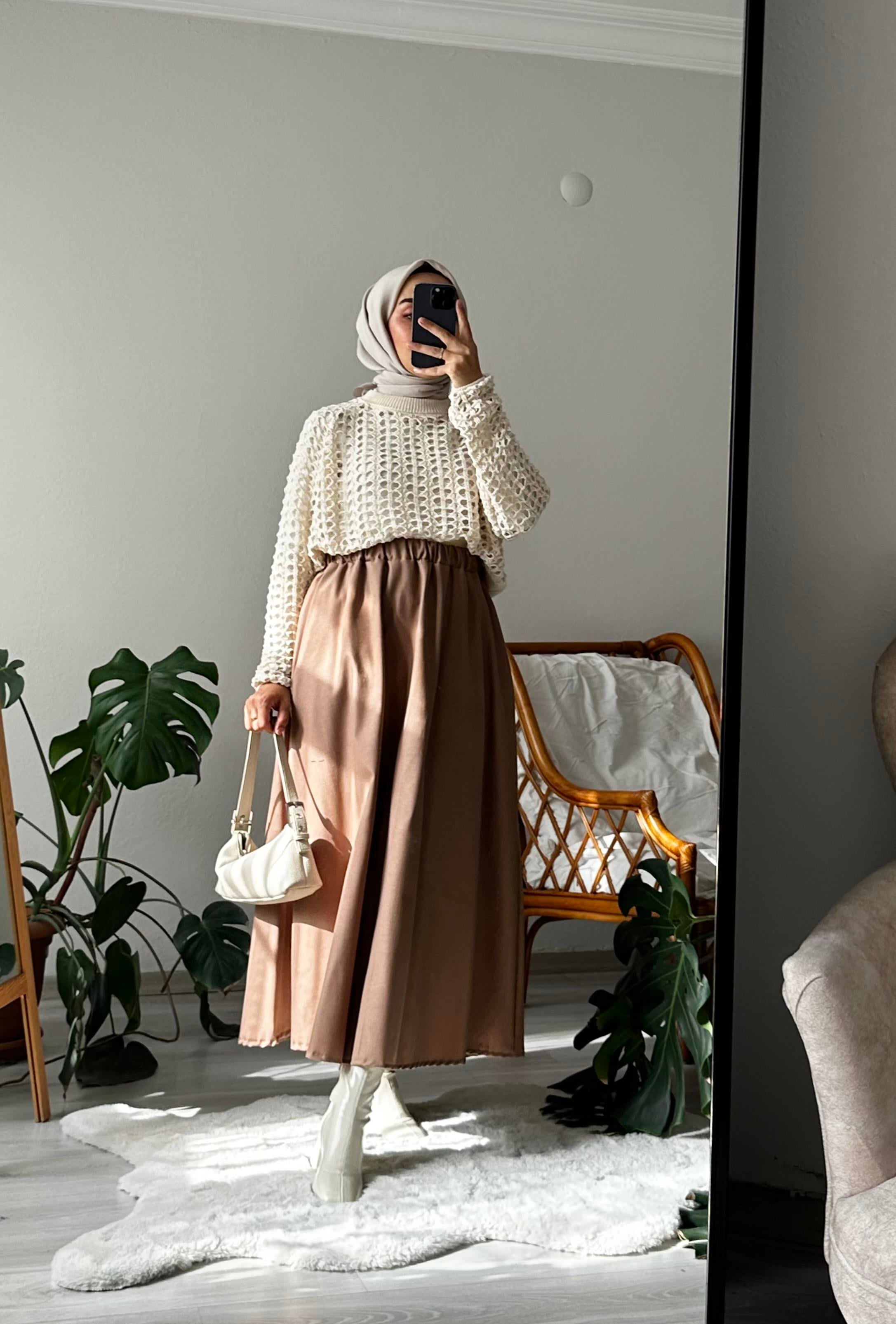 Camel Cepli Keten Kloş Etek