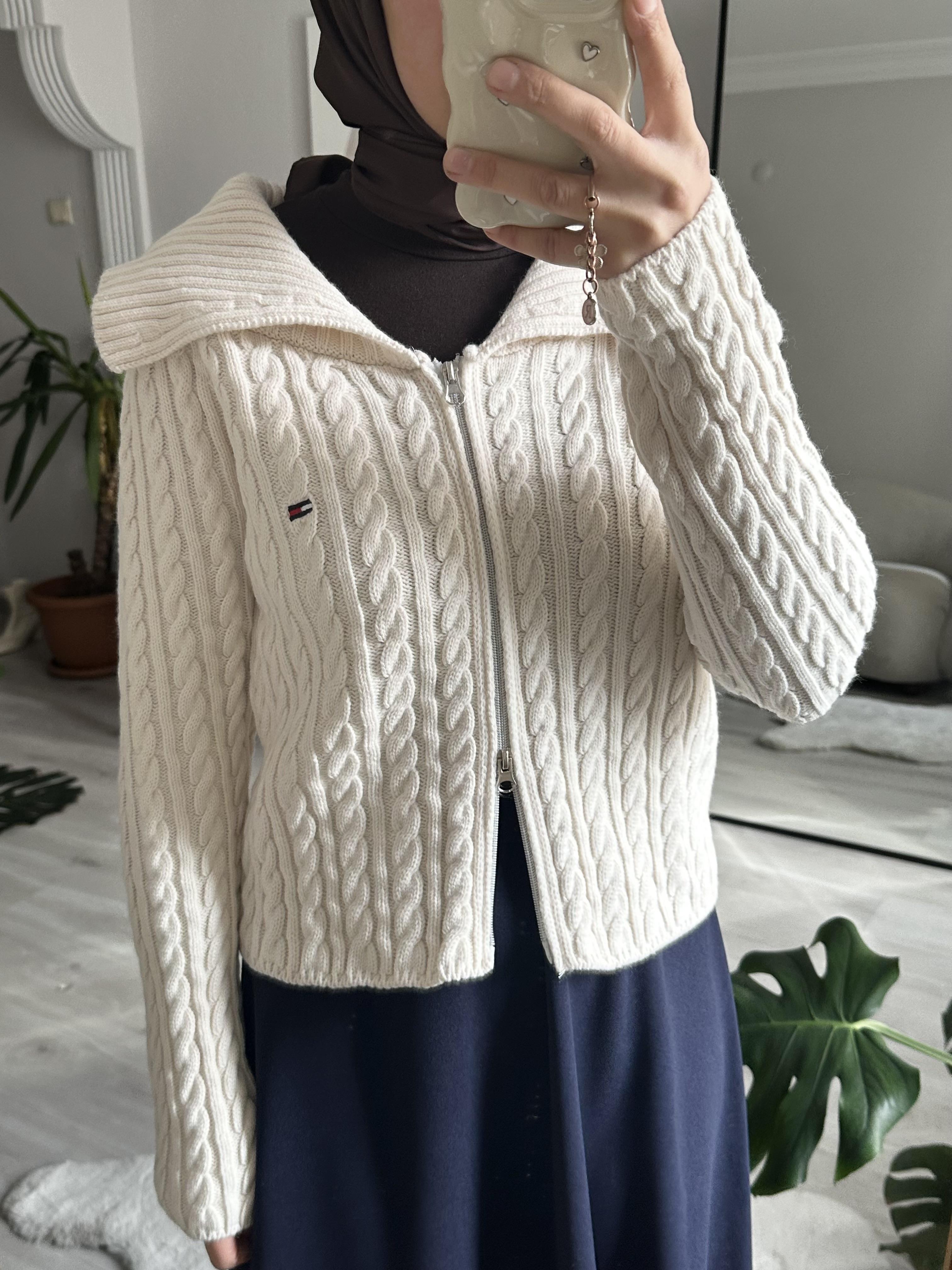 Ekru Fermuarlı Örgü Crop Hırka