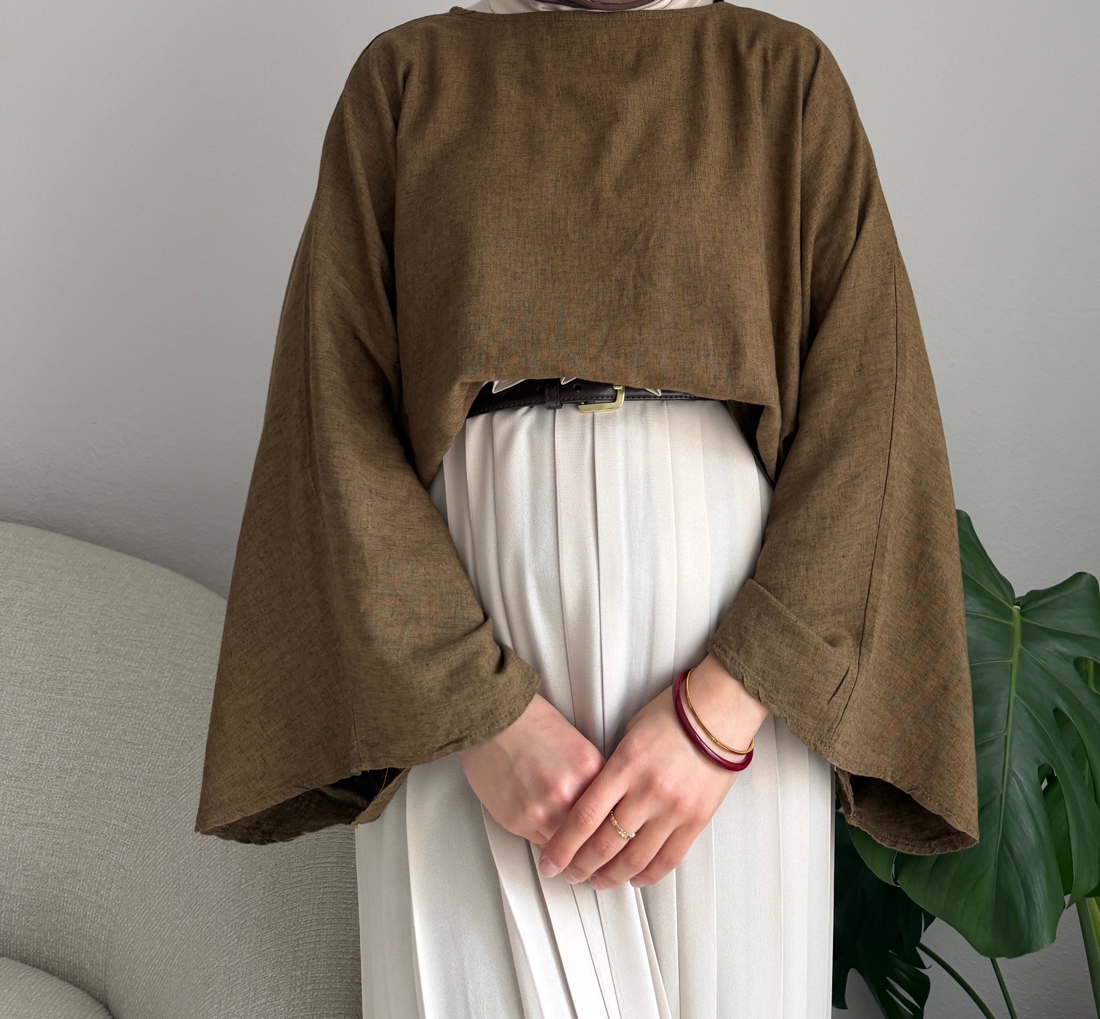 Haki Keten Geniş Kol Bluz