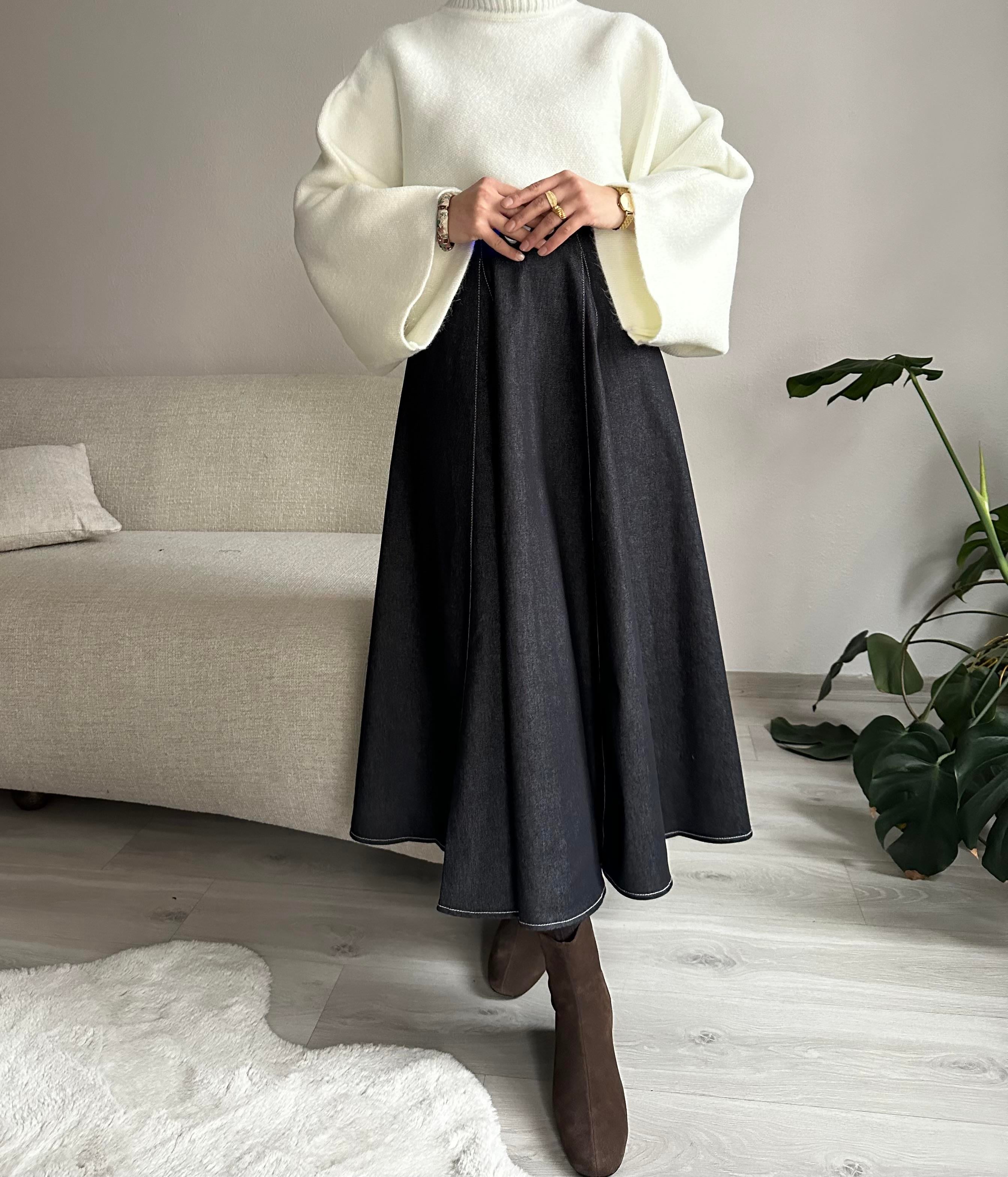 İndigo Parçalı Kot Etek