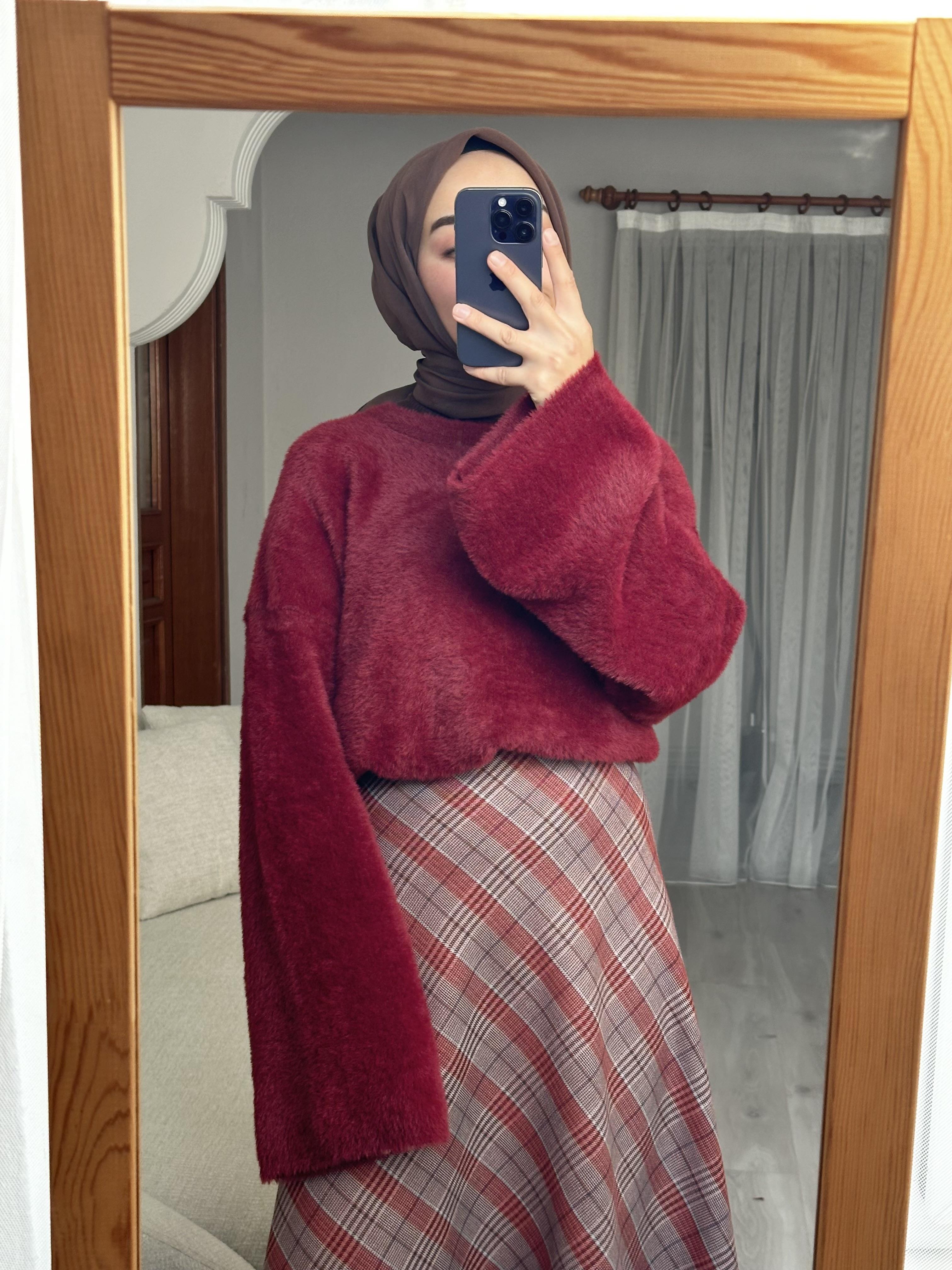 Kırmızı Peluş Oversize Kazak