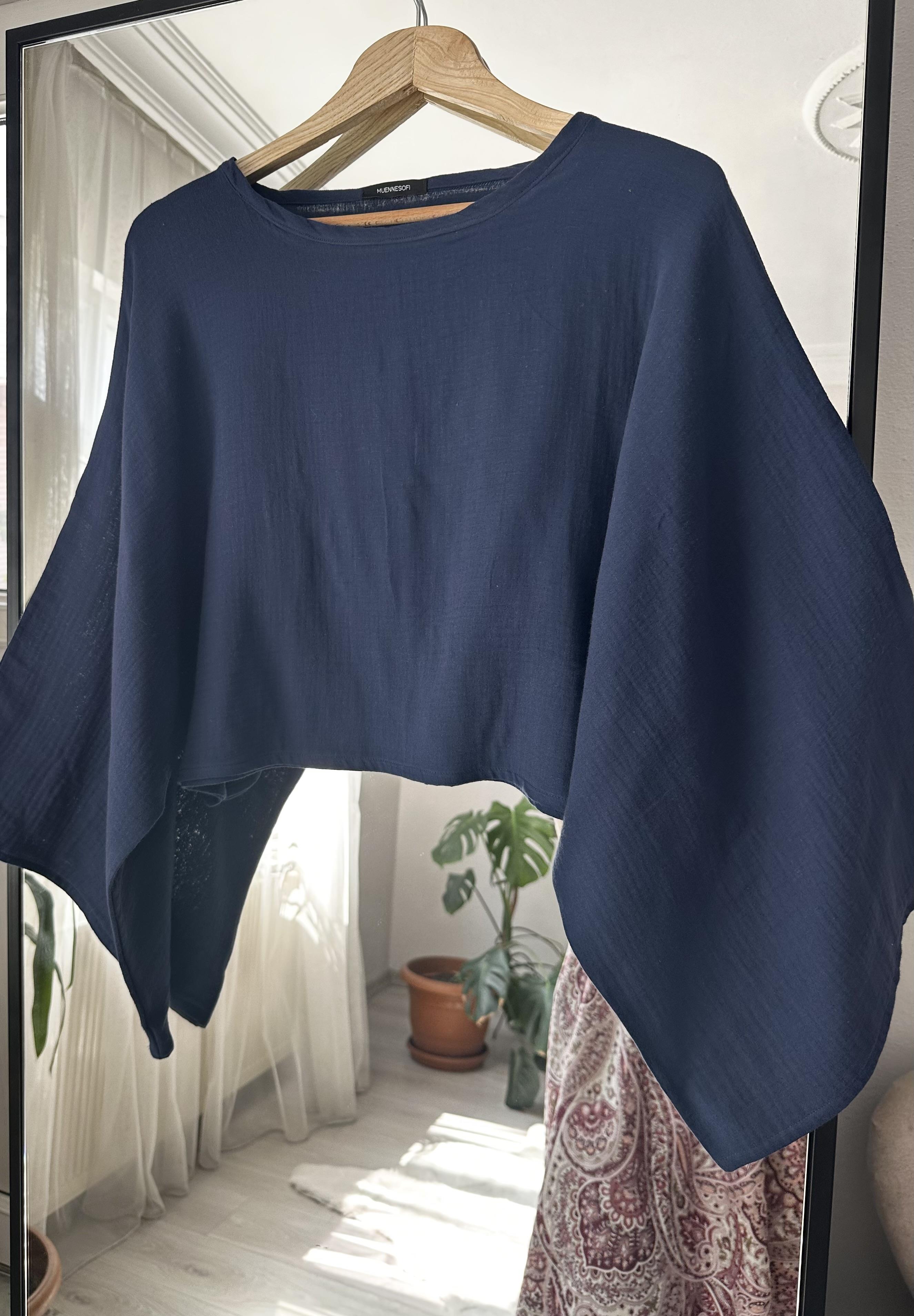 Lacivert Müslin Geniş Kol Bluz