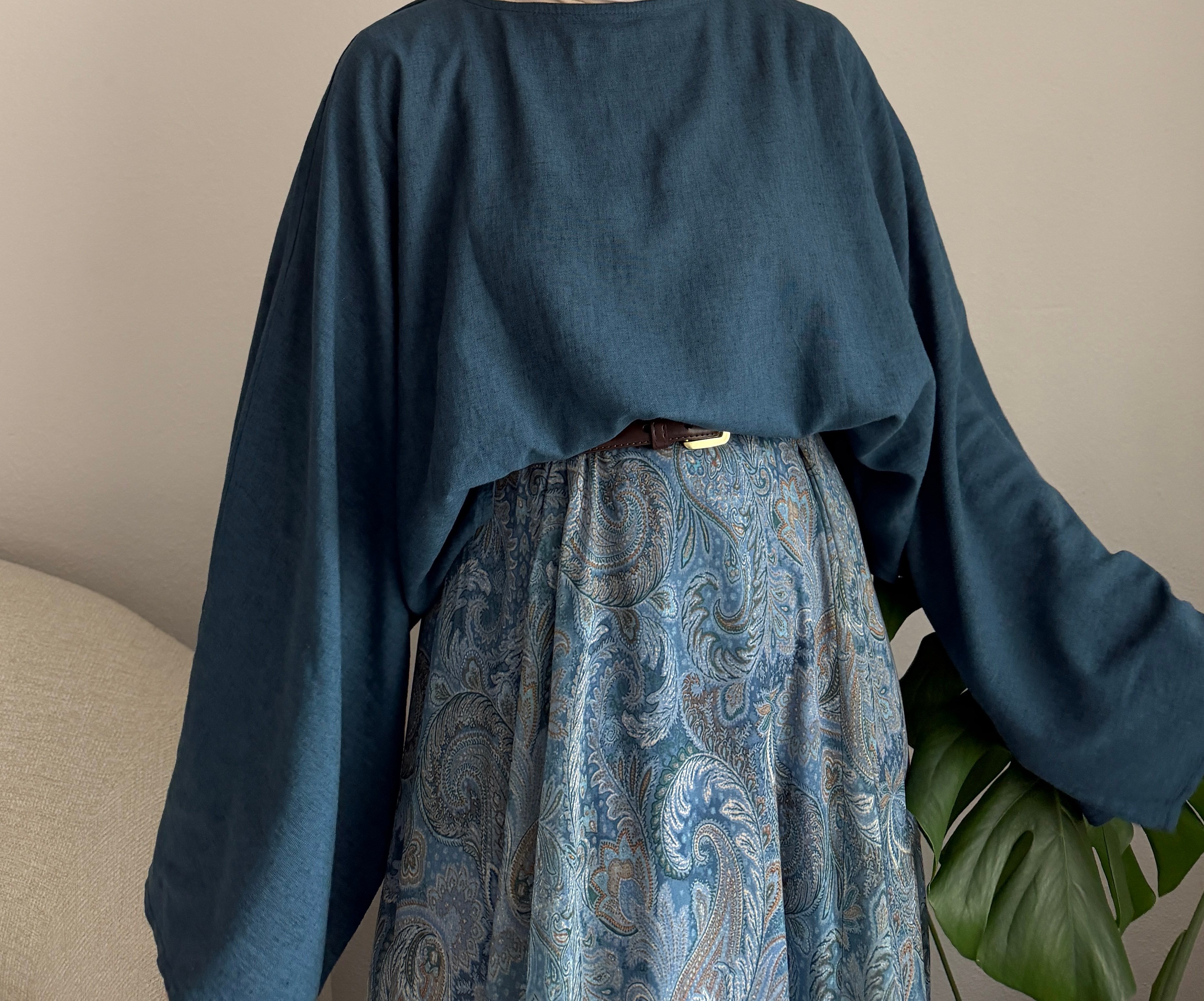 Mavi Keten Geniş Kol Bluz