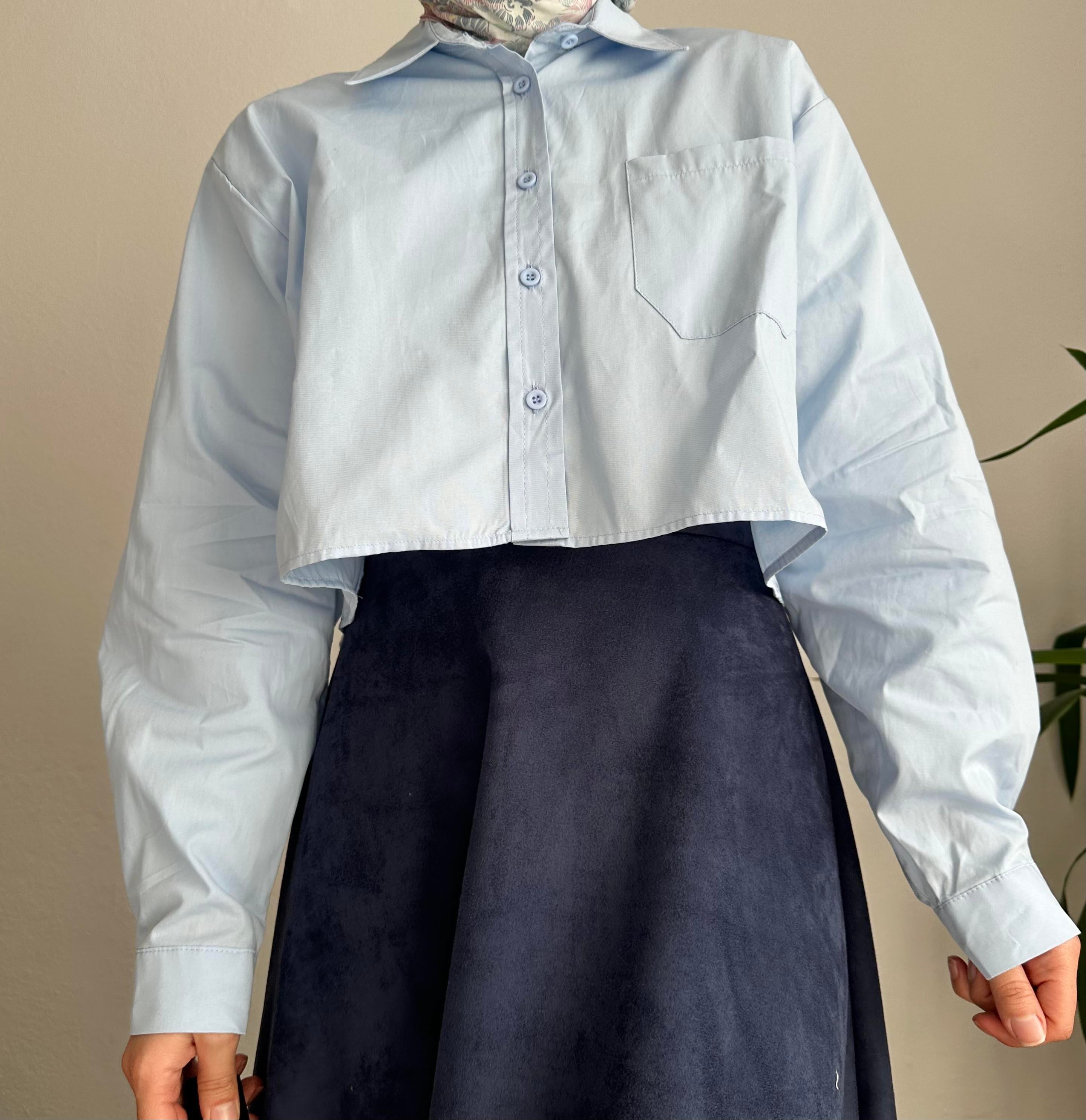 Mavi Poplin Crop Gömlek