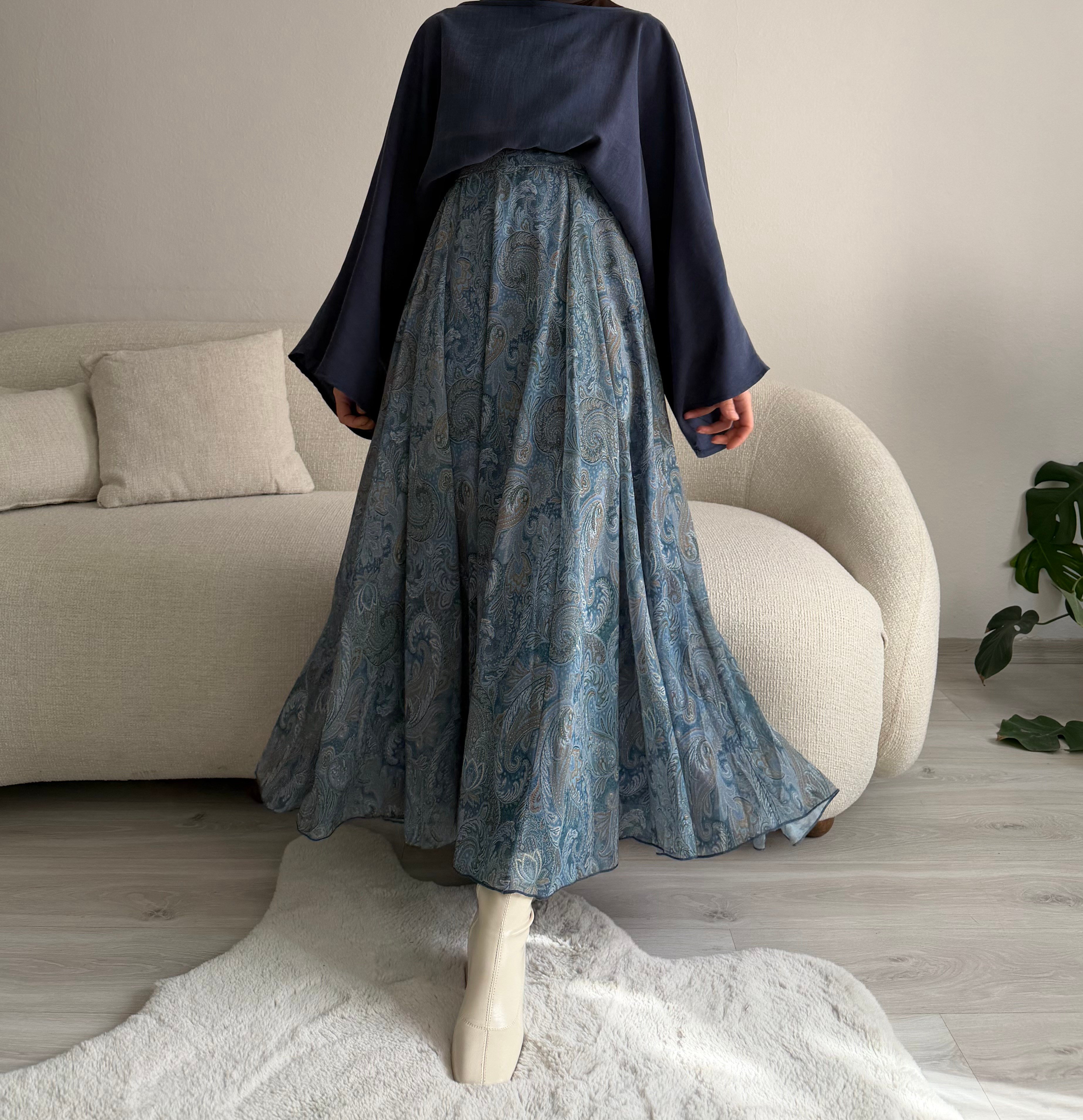 Mavi Şal Desen Şifon Kloş