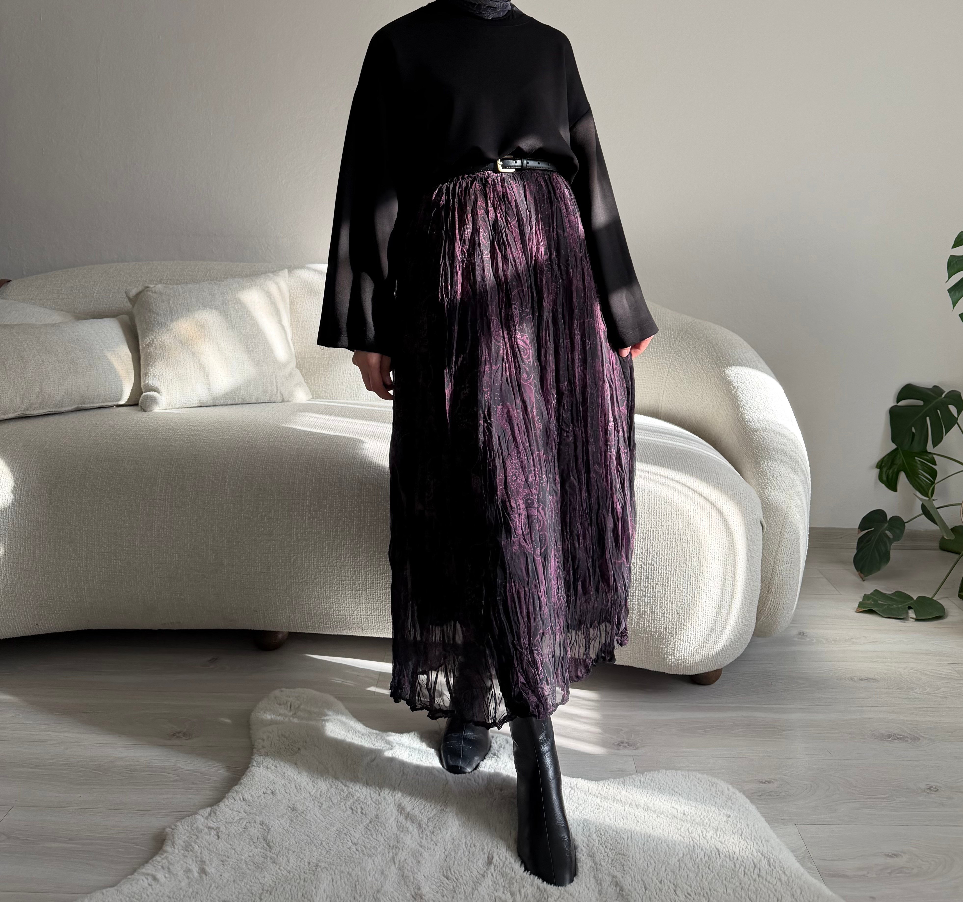 Mor Desenli Kırışık Şifon Etek