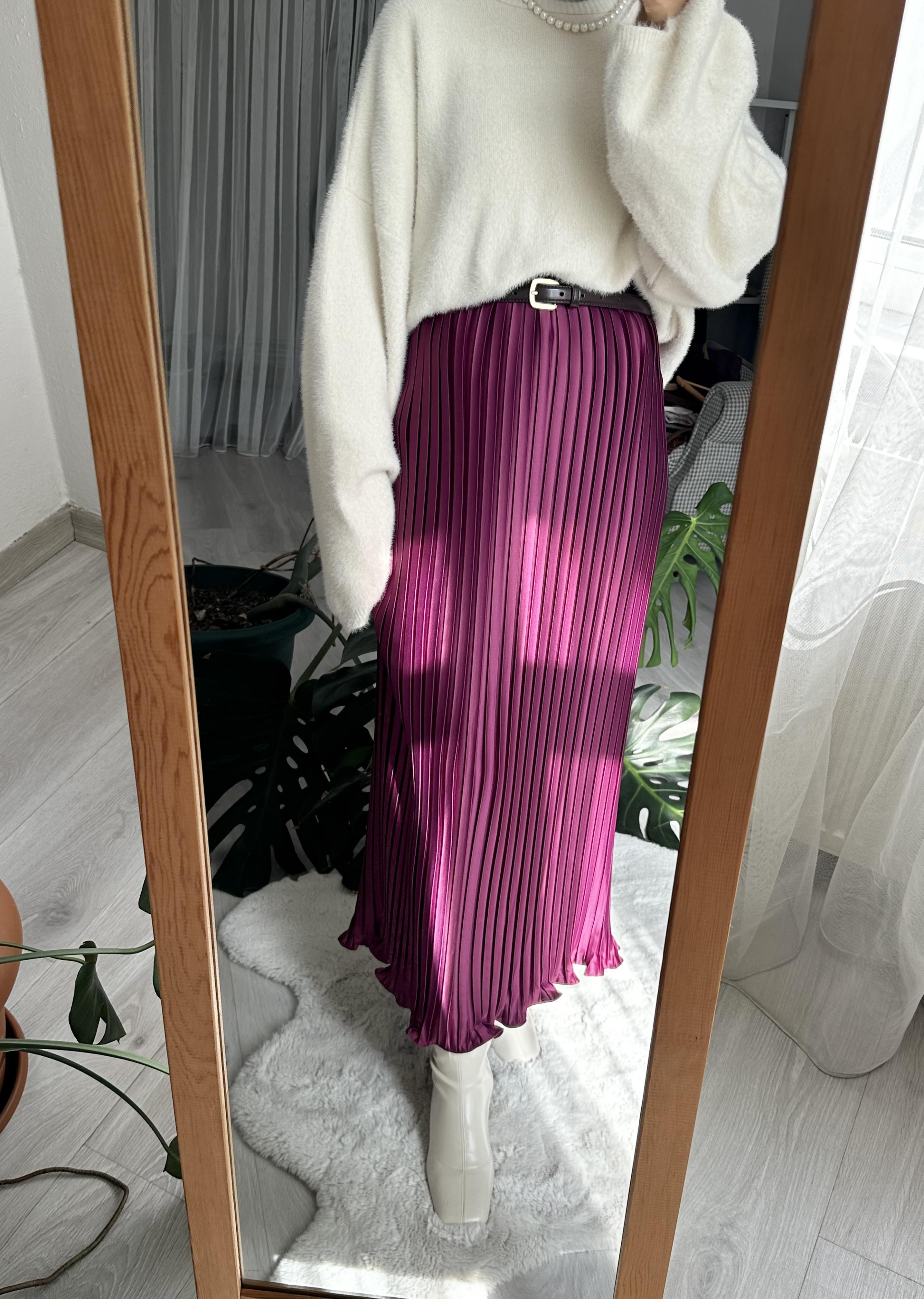 Mürdüm İnce Pileli Saten Etek