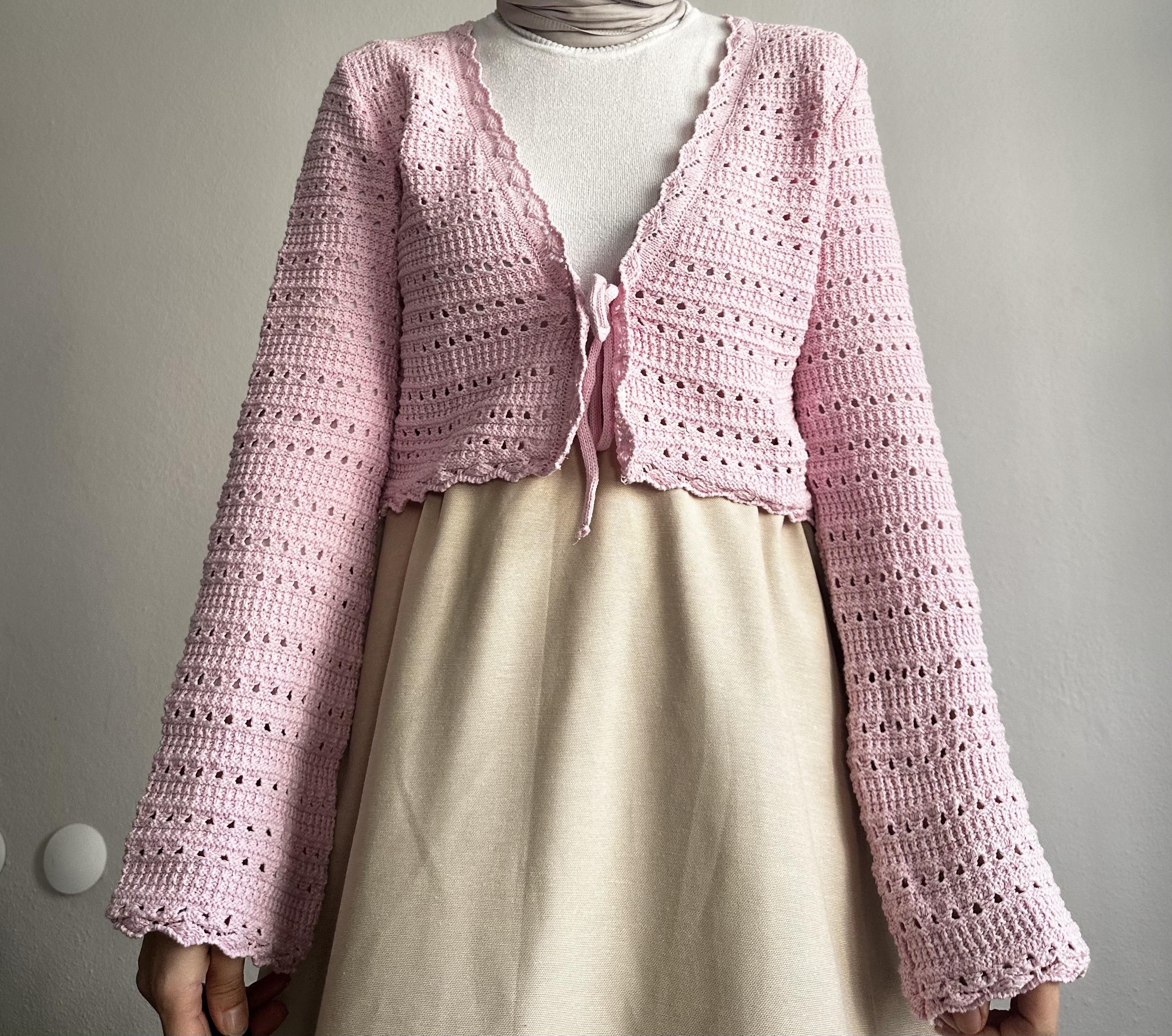 Pembe Ajurlu Bağlamalı Crop Hırka