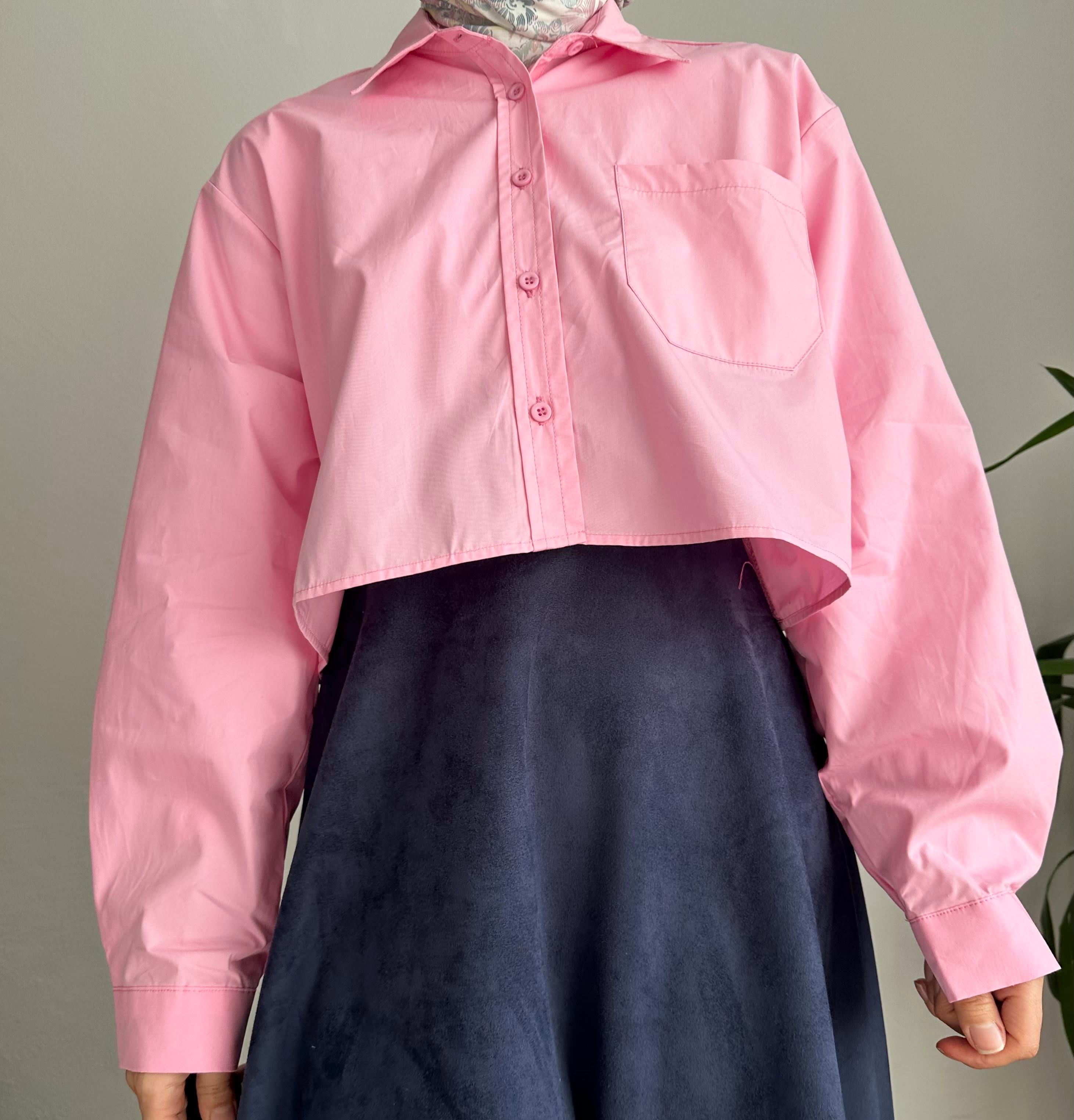 Pembe Poplin Crop Gömlek