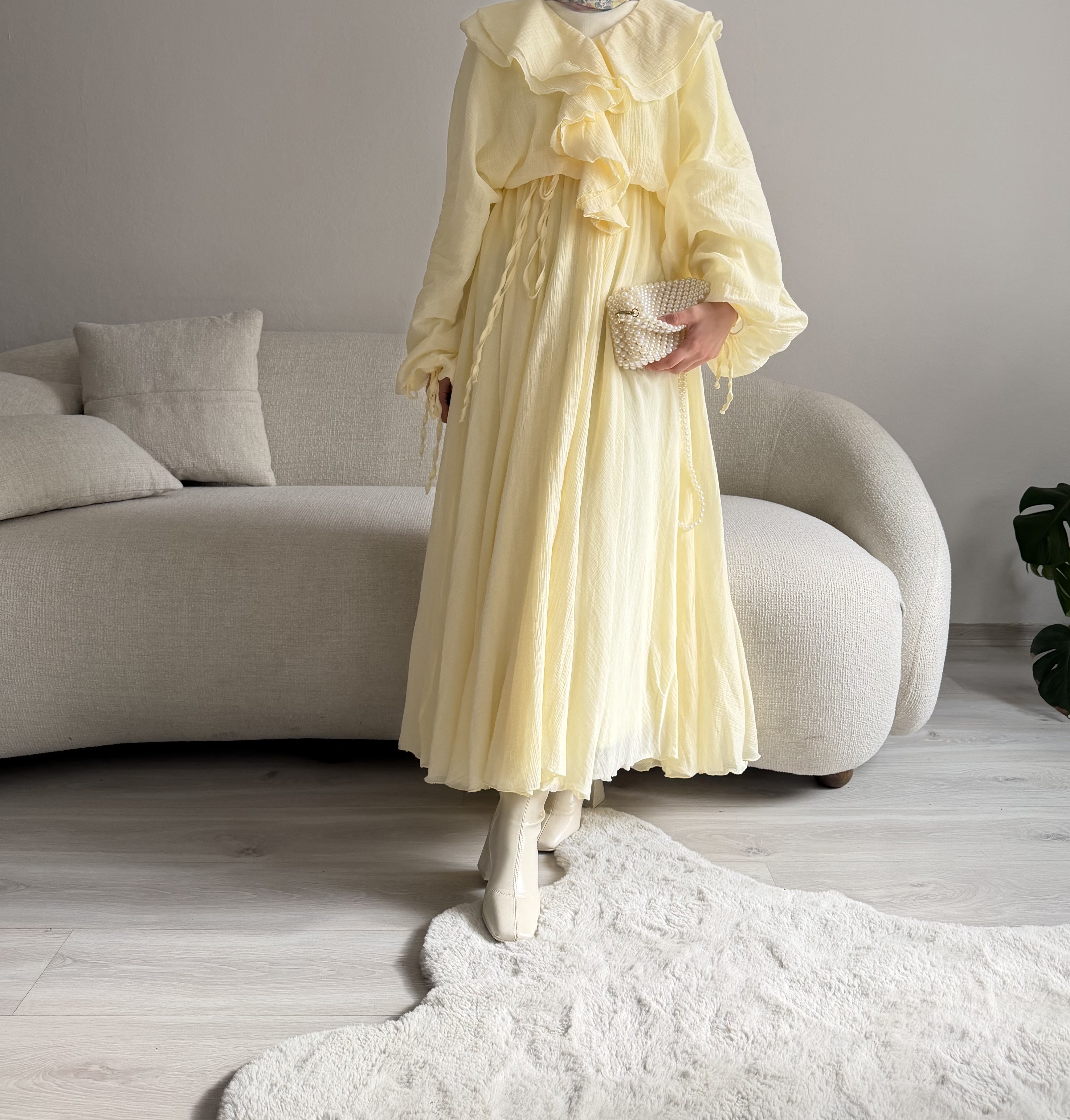 Sarı Fırfırlı Balon Kol Elbise