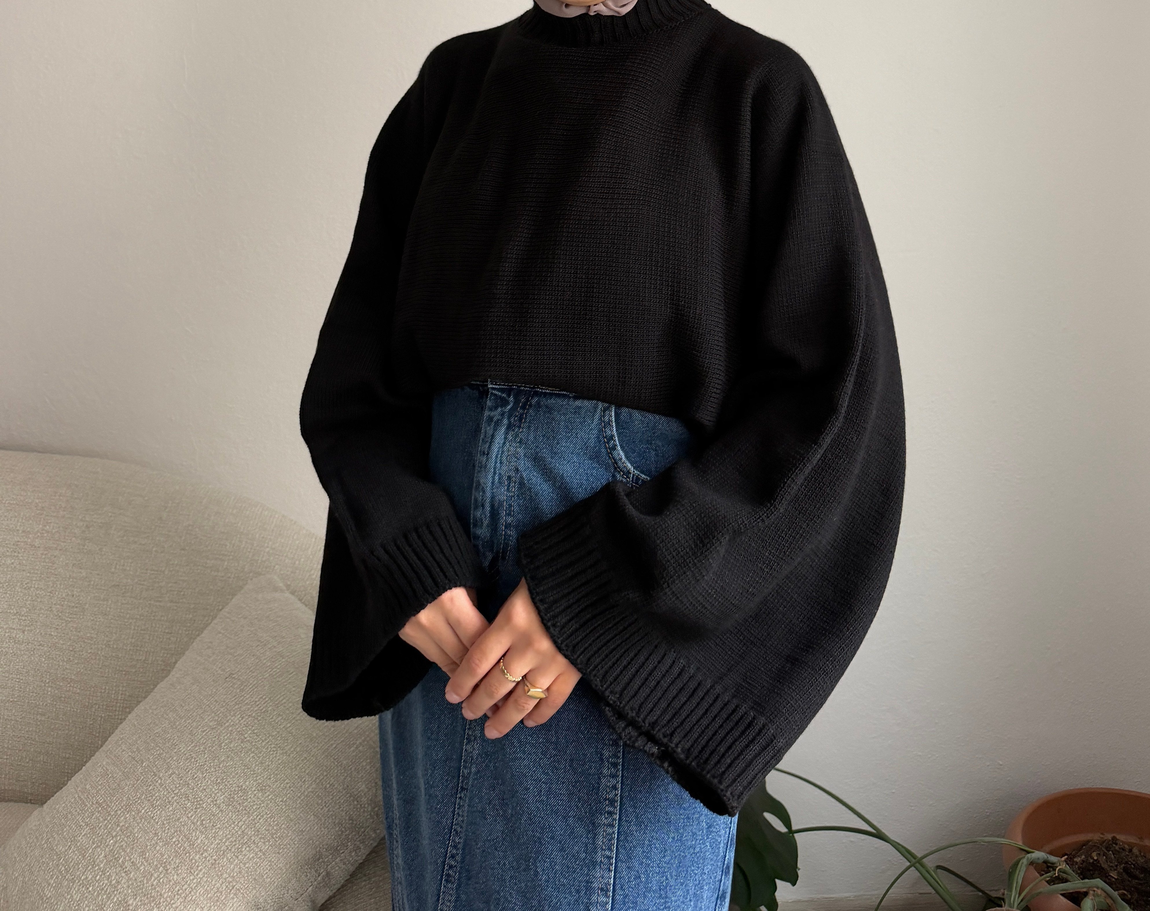 Siyah Geniş Kol Oversize Kazak