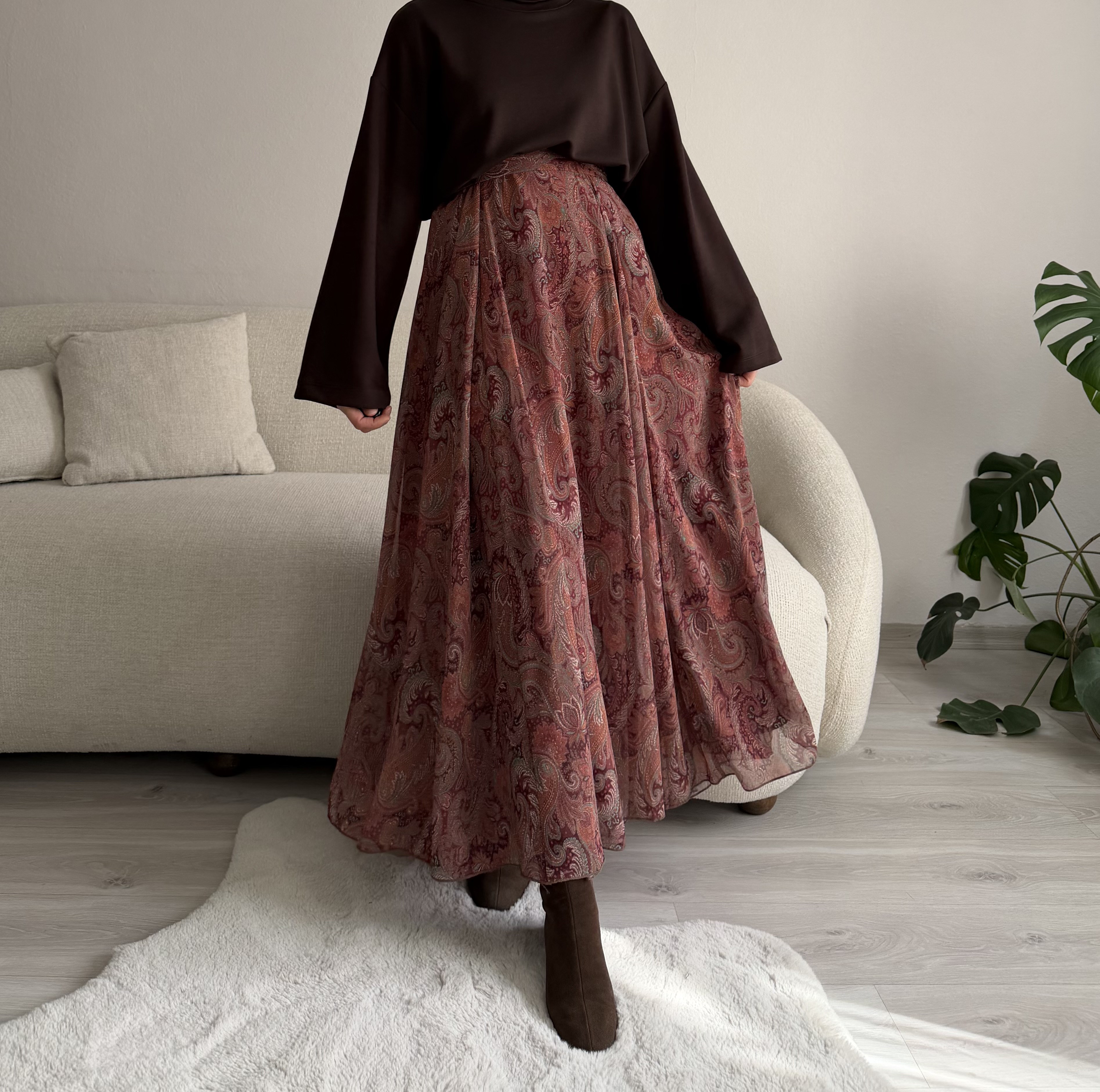 Tarçın Şal Desen Şifon Kloş