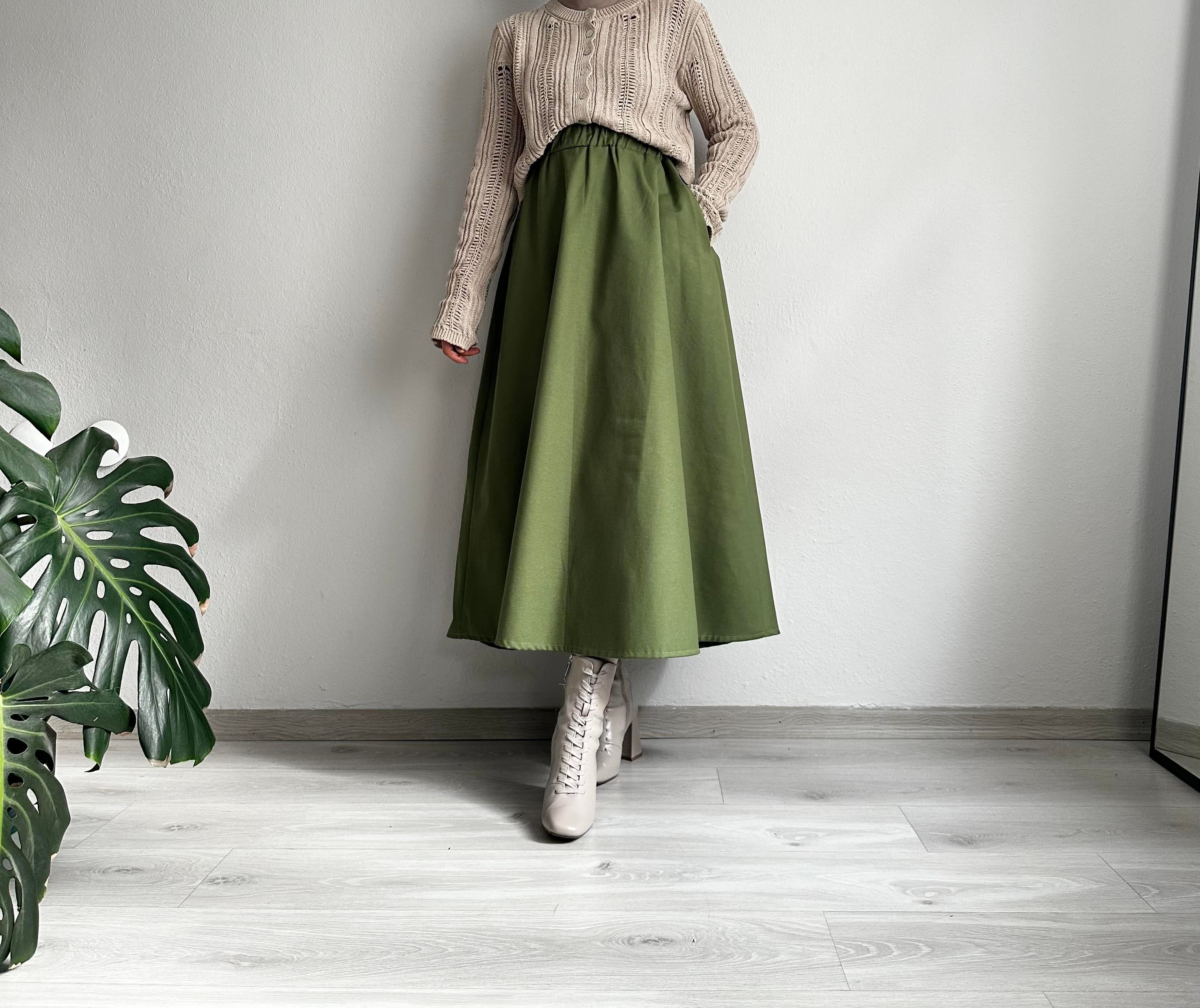 Yeşil Keten Cepli Kloş Etek