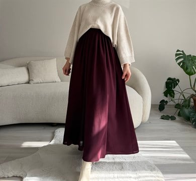 Bordo Beli Büzgülü Uzun Kloş Etek