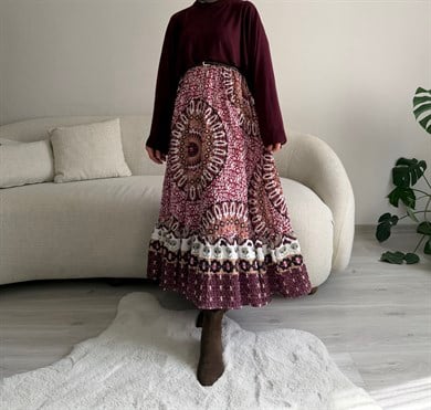 Bordo Etnik Desenli Kloş Etek