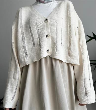 Ekru Oversize V Yaka Hırka