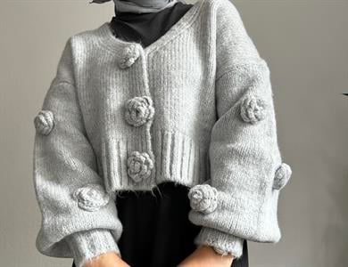 Gri Gül Detaylı Oversize Hırka