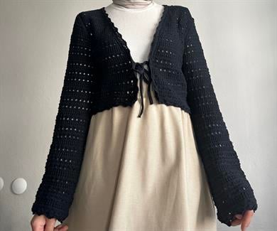 Lacivert Ajurlu Bağlamalı Crop Hırka