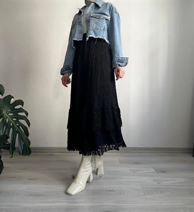 Siyah Textura Katlı Etek