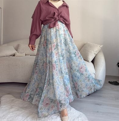 Soft Çiçek Desenli Şifon Kloş Etek