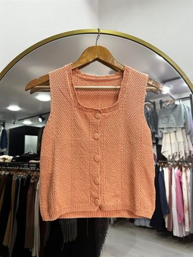 Somon Düğmeli Crop Yelek