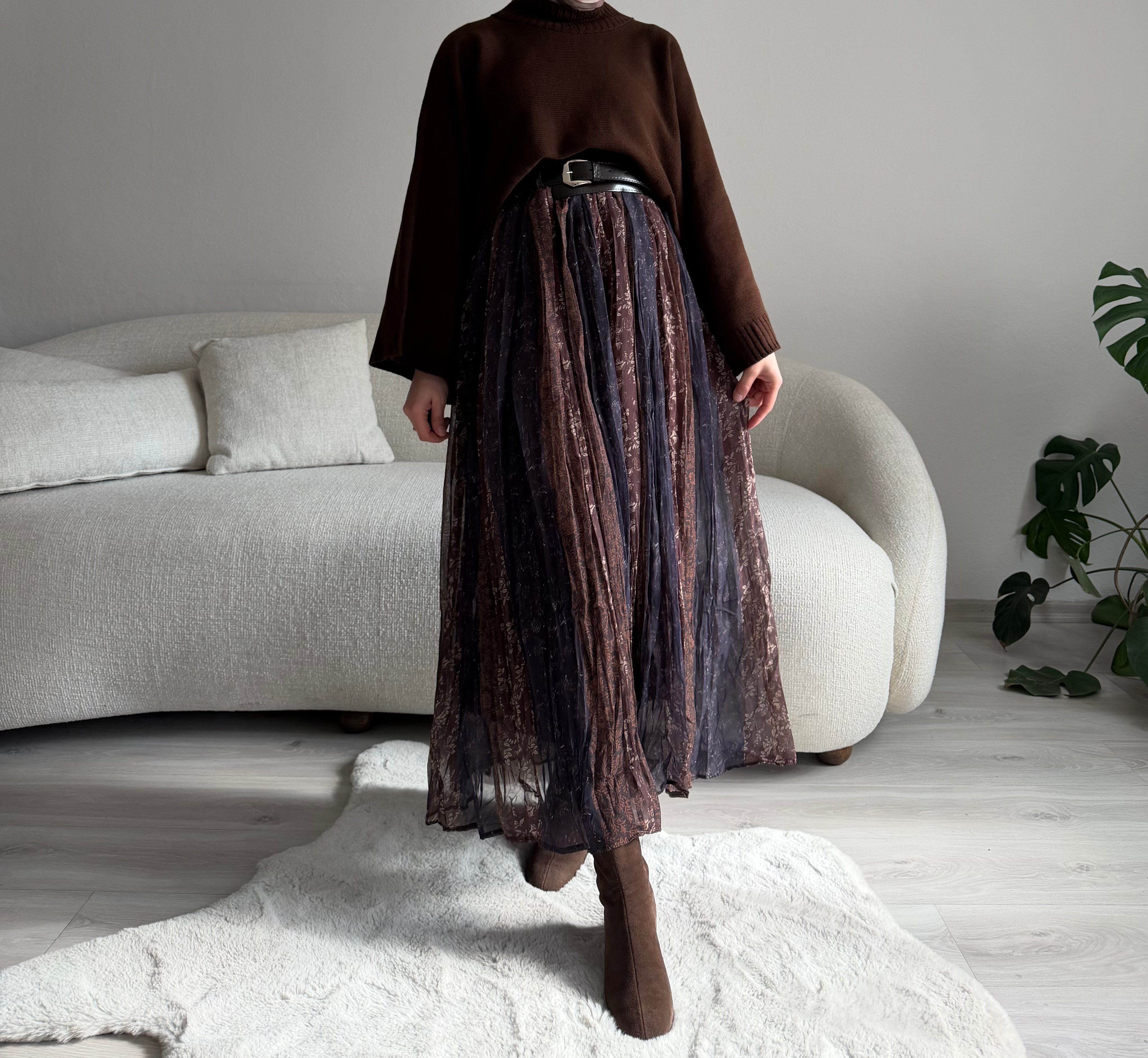 Acı Kahve Desenli Kemerli Şifon Etek