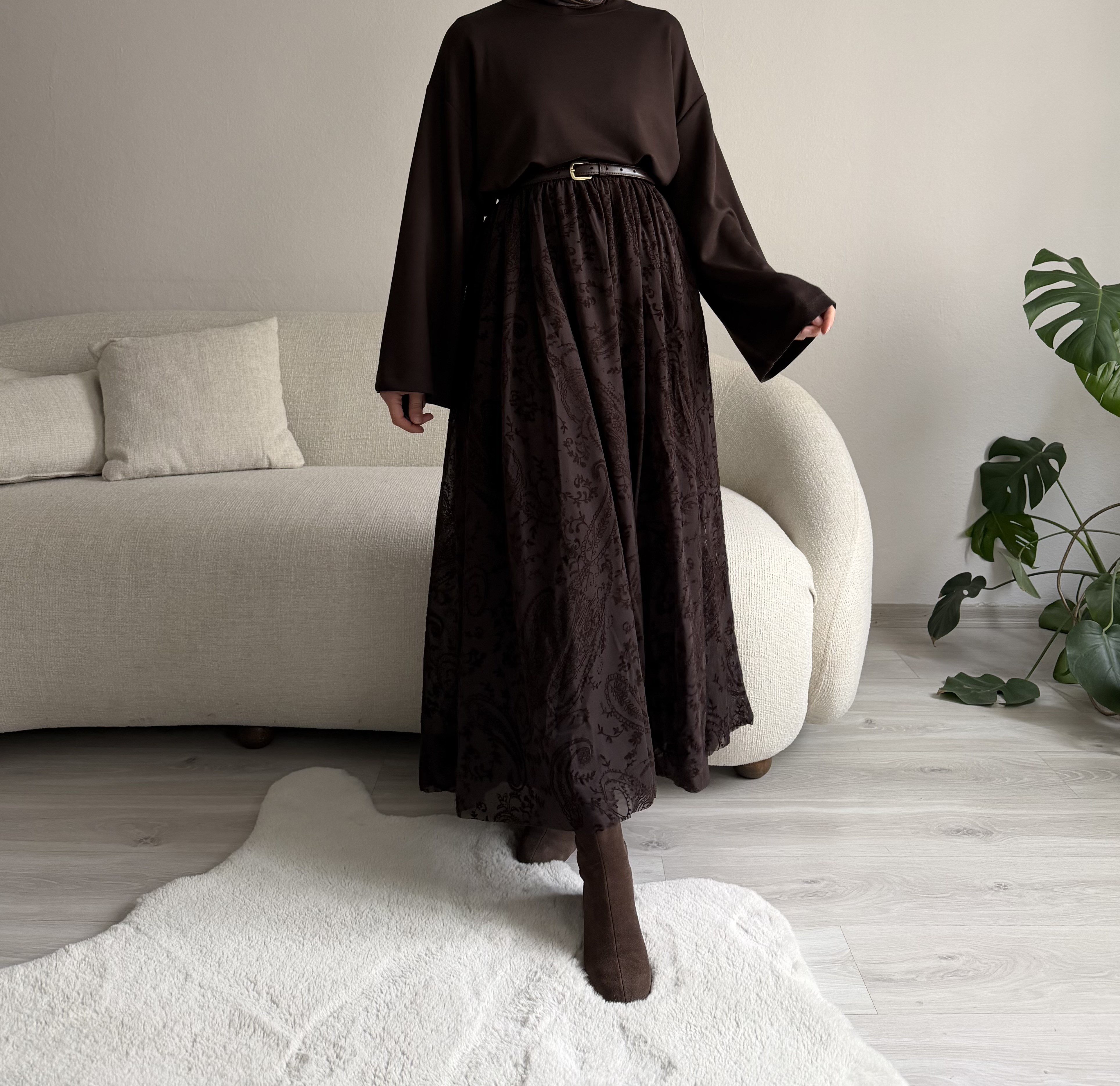 Acı Kahve Desenli Tül Etek