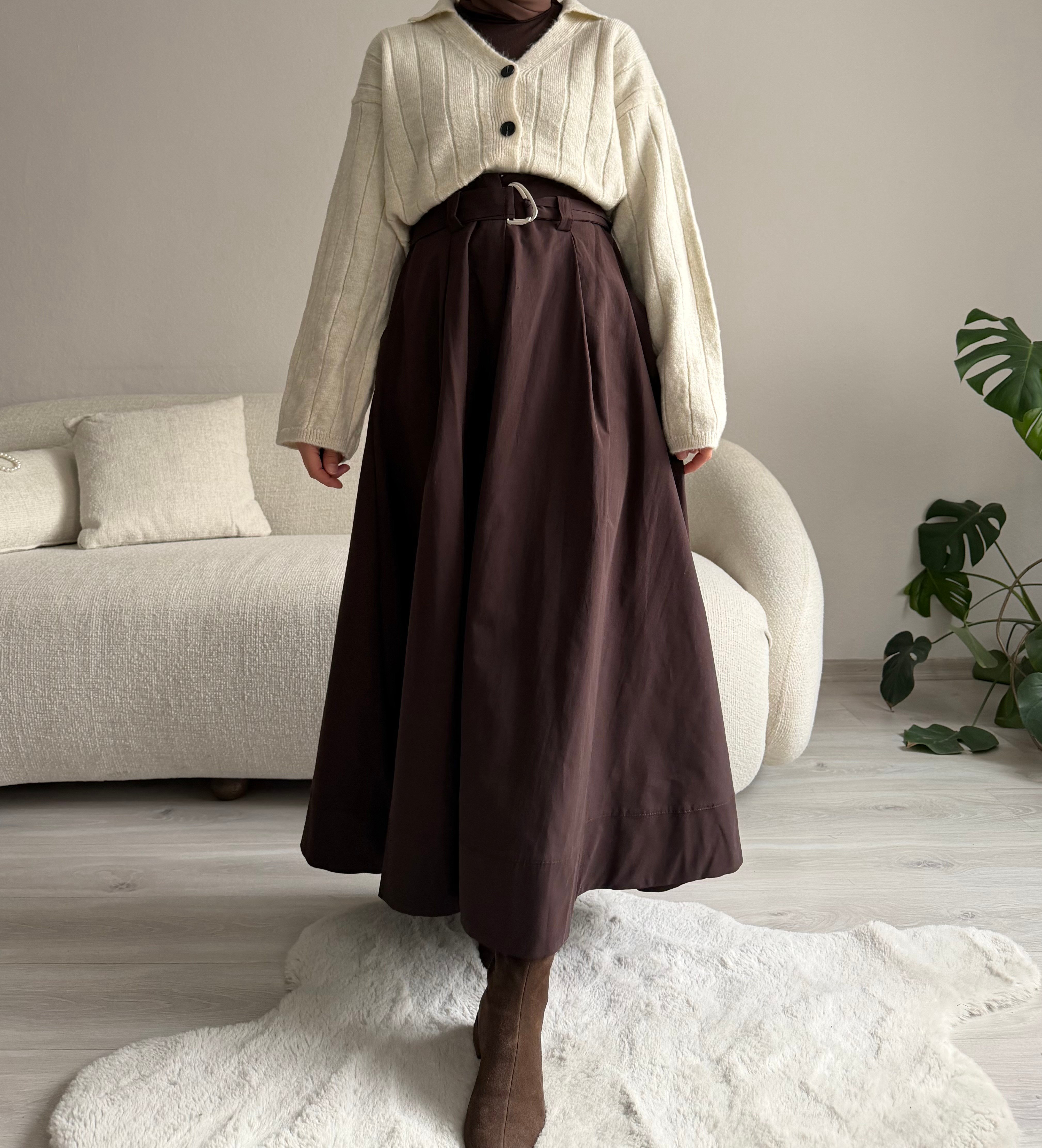 Acı Kahve Kuşaklı Kloş Etek