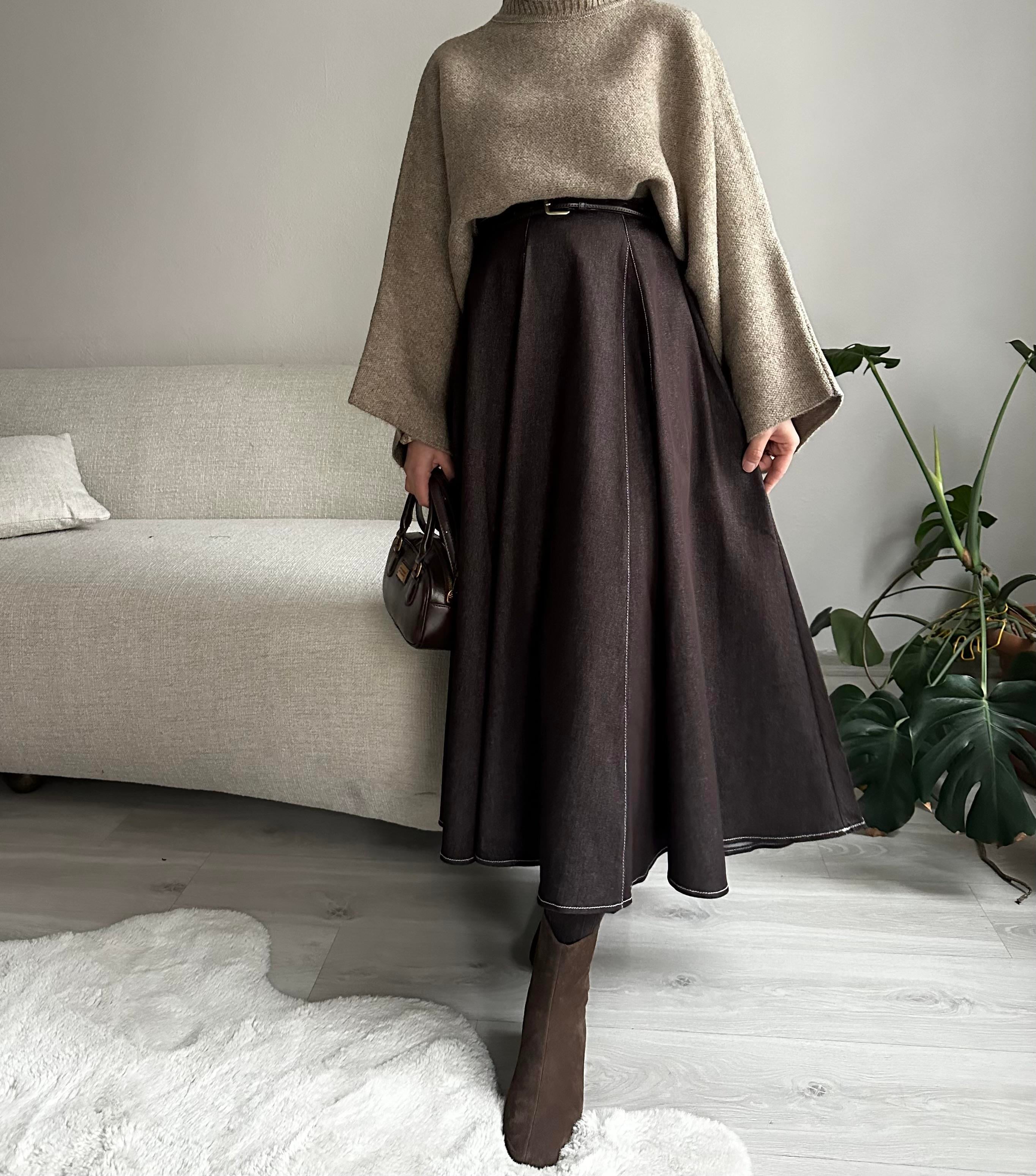 Acı Kahve Parçalı Kot Etek