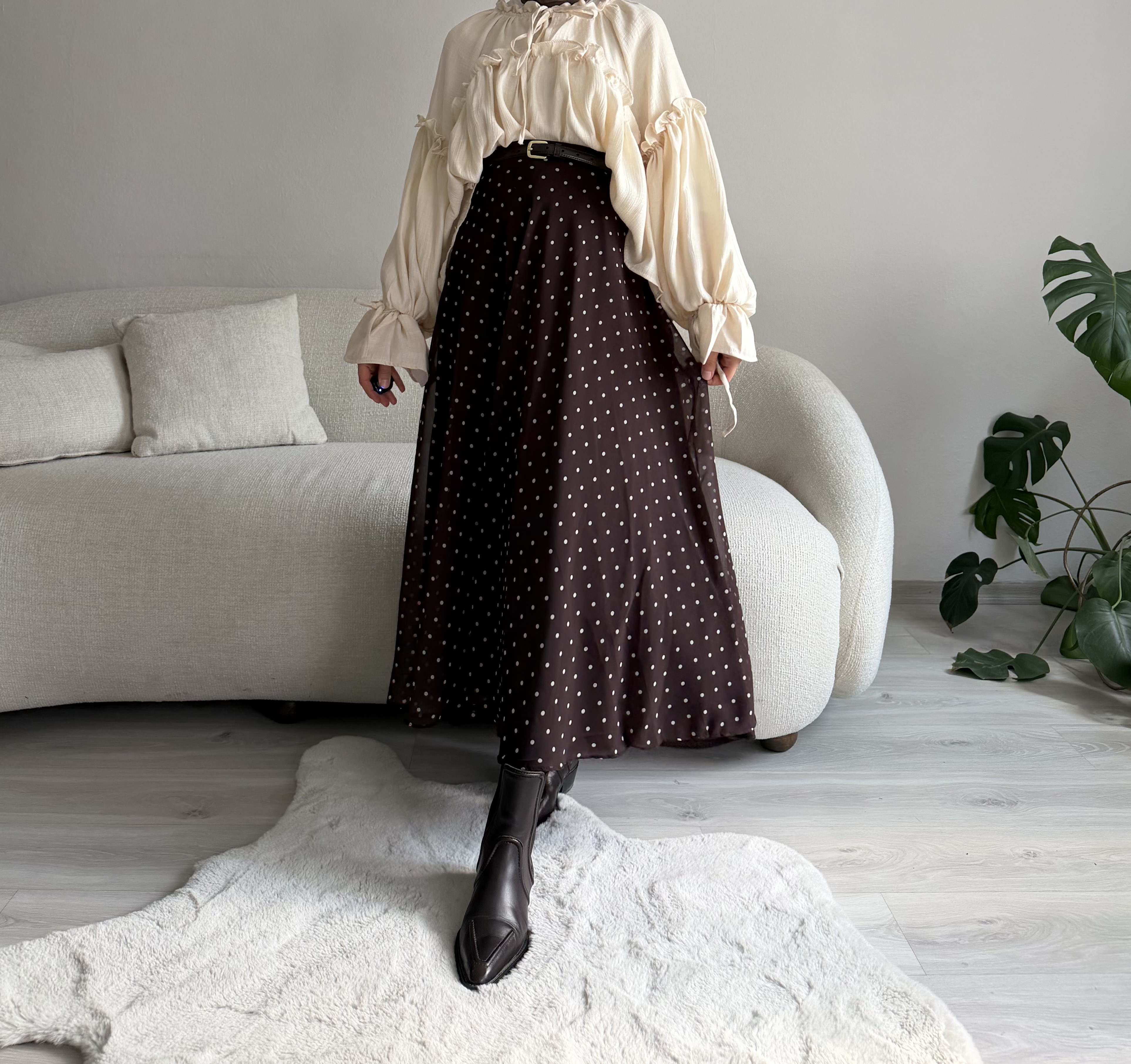 Acı Kahve Puantiyeli Şifon Etek