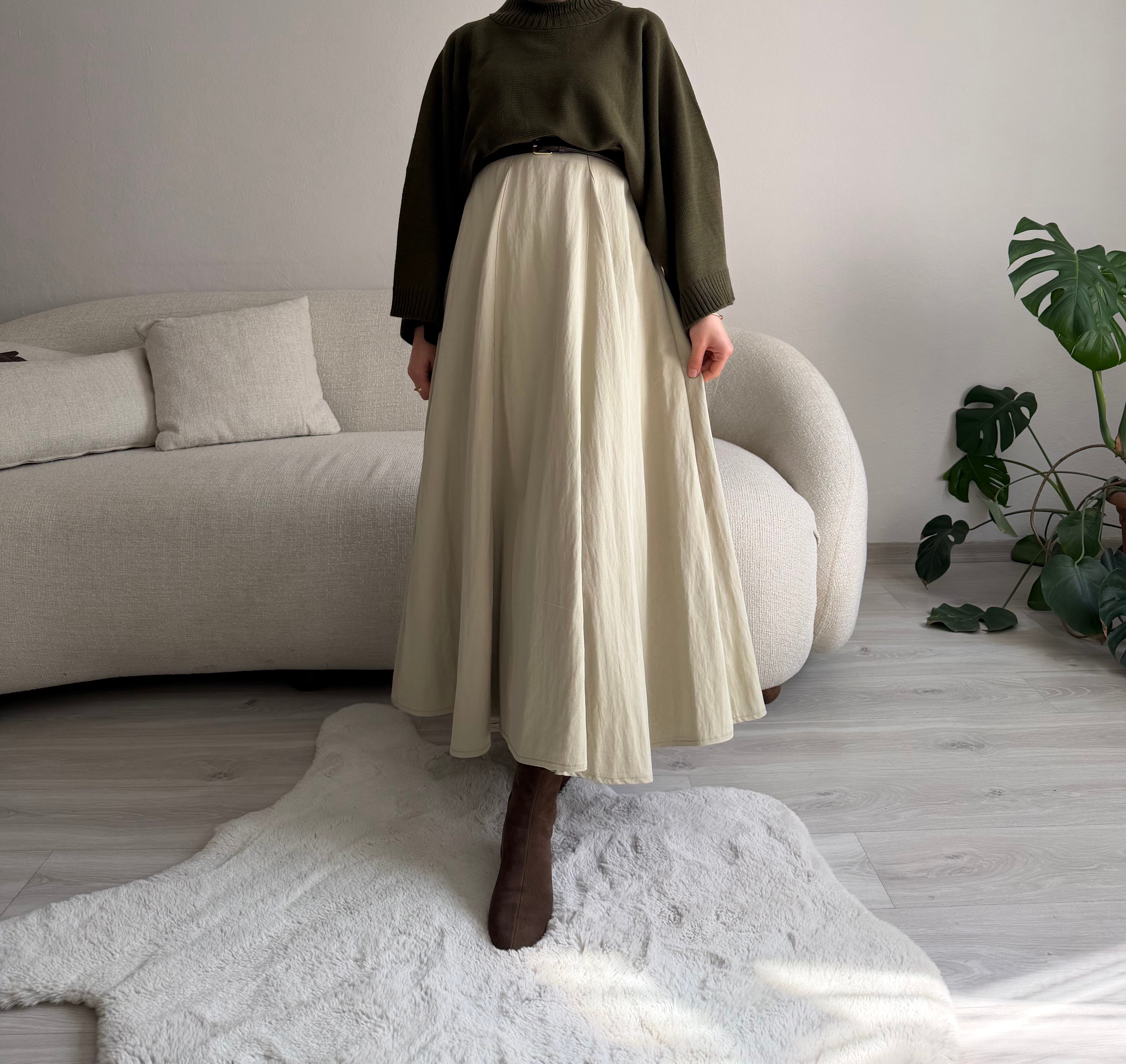 Açık Çağla Parçalı Keten Etek